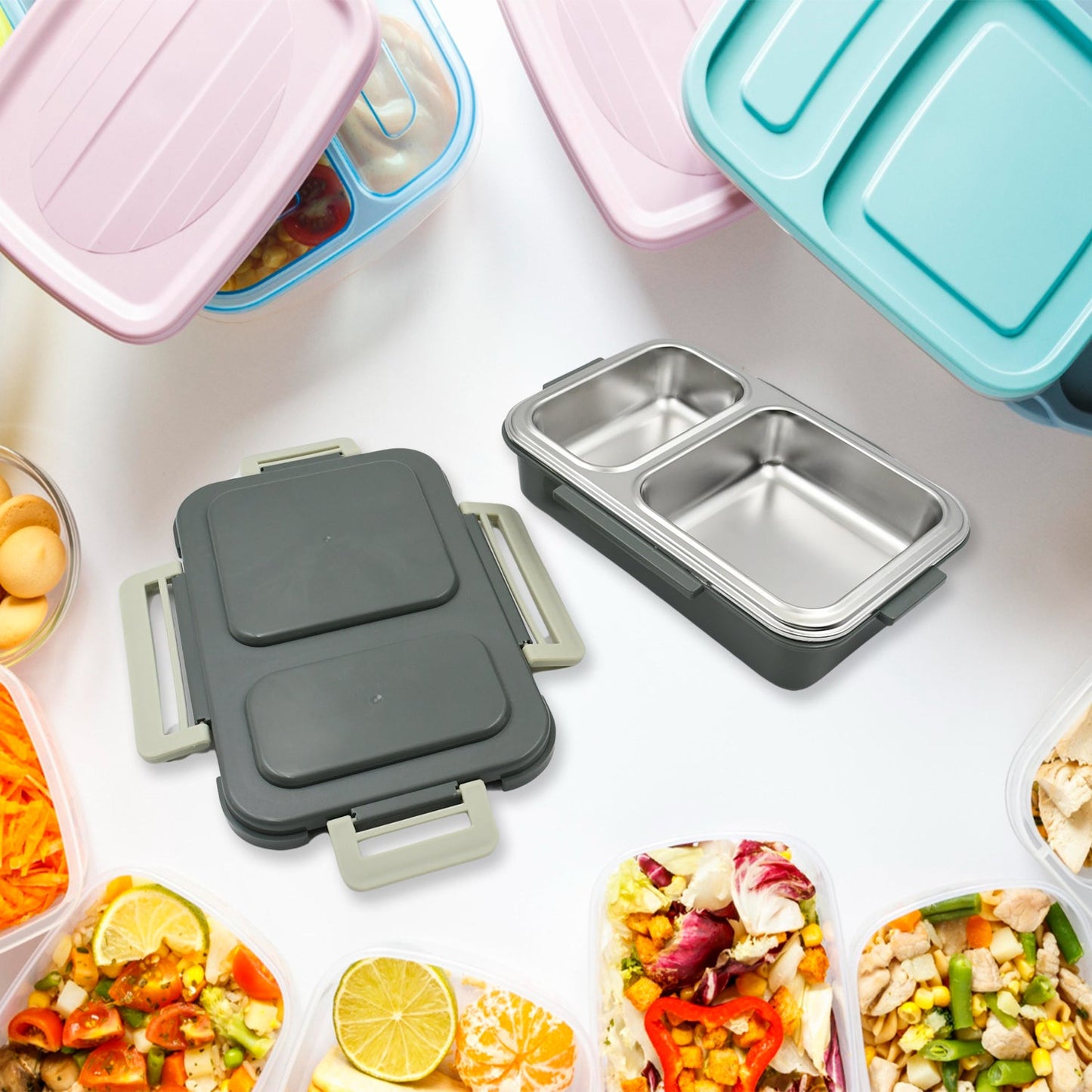 Miracle Quick Lock Leak Proof 2 Compartment Stainless Steel LUNCH BOX Inner Plate Reusable Microwave Freezer Safe Lunch Box Trendy Thermal Insulation Leak Proof for Office Vacuum Tiffin Box for Boys / Girls / School / Office Women and Men  - Springkart 