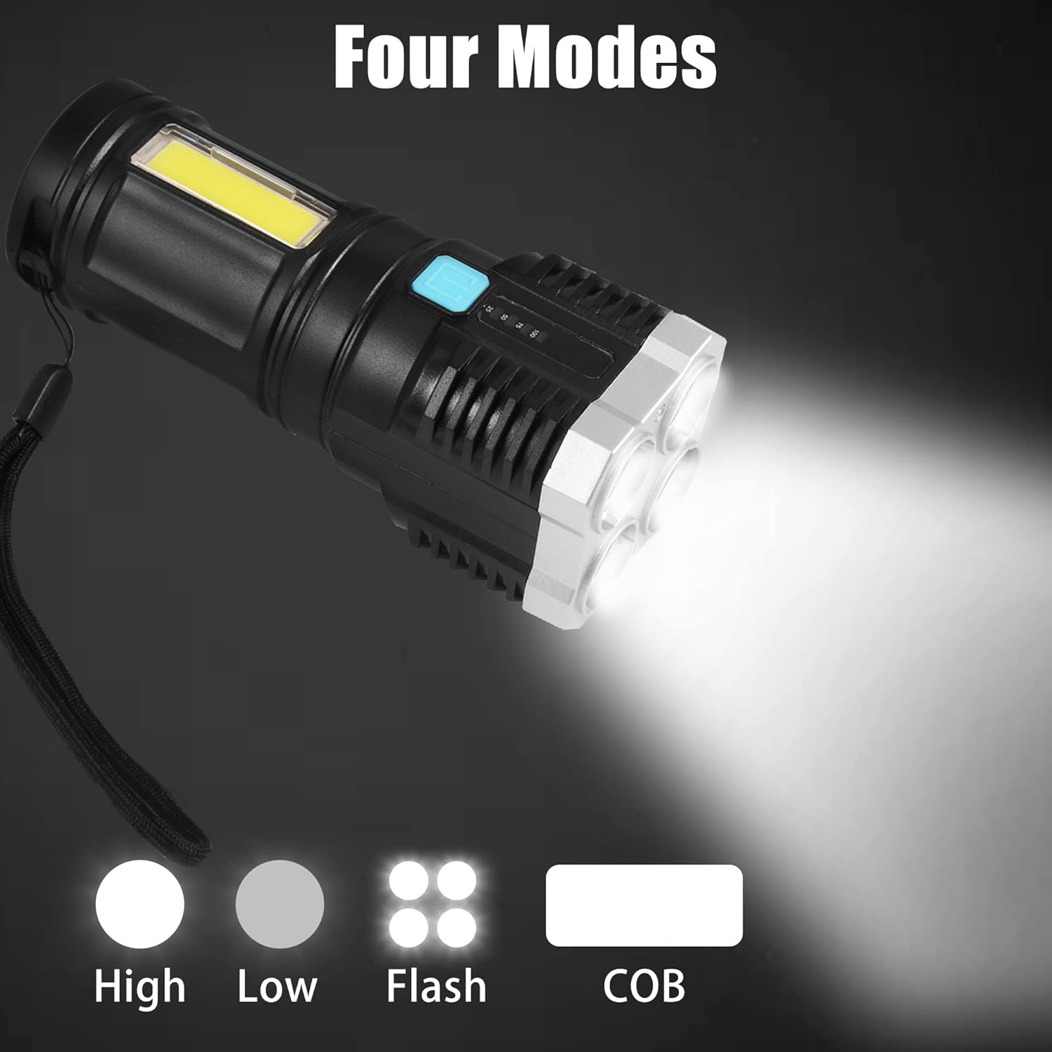 Multifunctional Strong 4 LED Torch Light, Portable Rechargeable Flashlight Long Distance Beam Range 800 Lumens COB Light 4 Mode Emergency for Hiking, Walking, Camping (4 LED Torch) - Springkart 