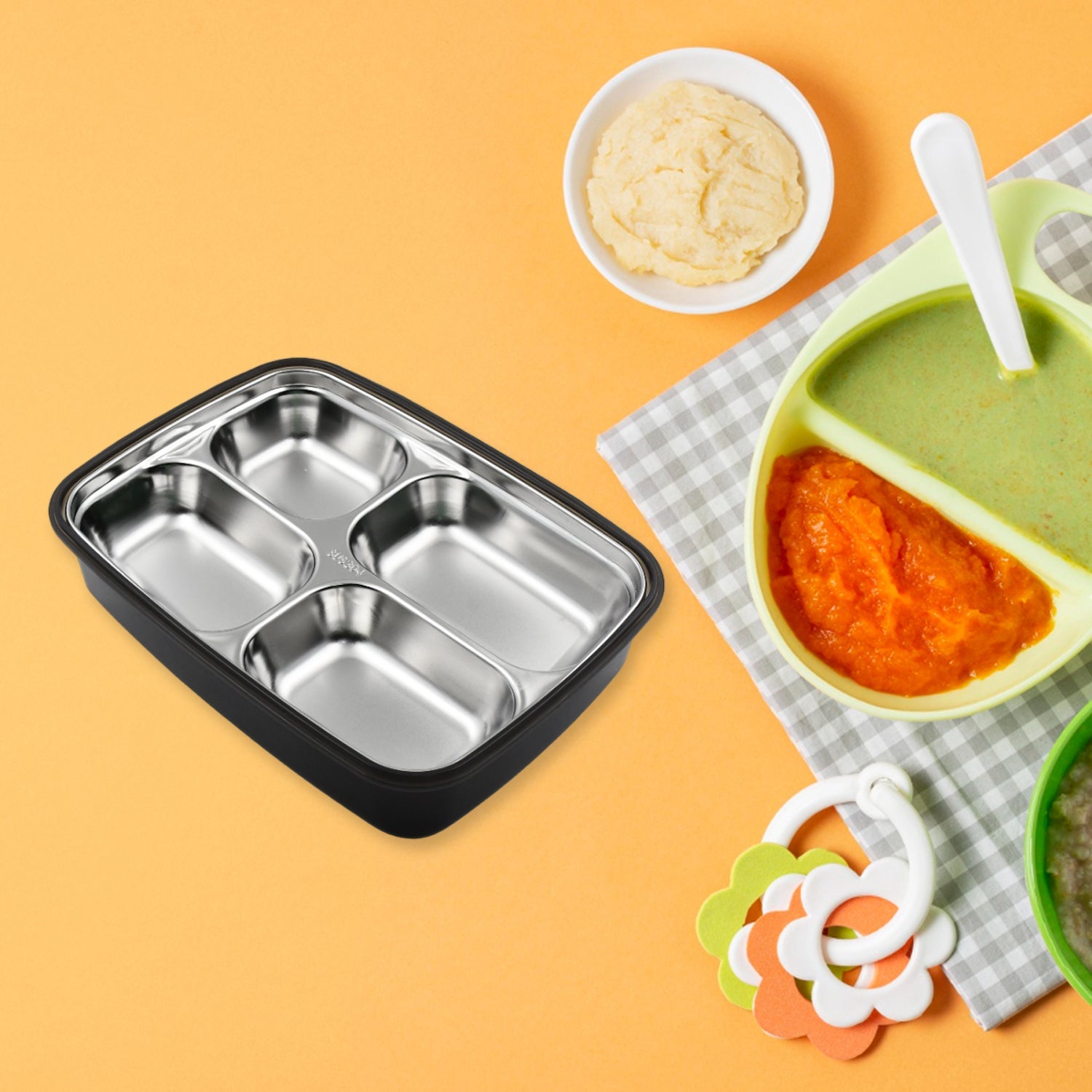 Black Transparent 4 Compartment Lunch Box for Kids and adults, Stainless Steel Lunch Box with 4 Compartments For Office, Travel, School, Home - Springkart 