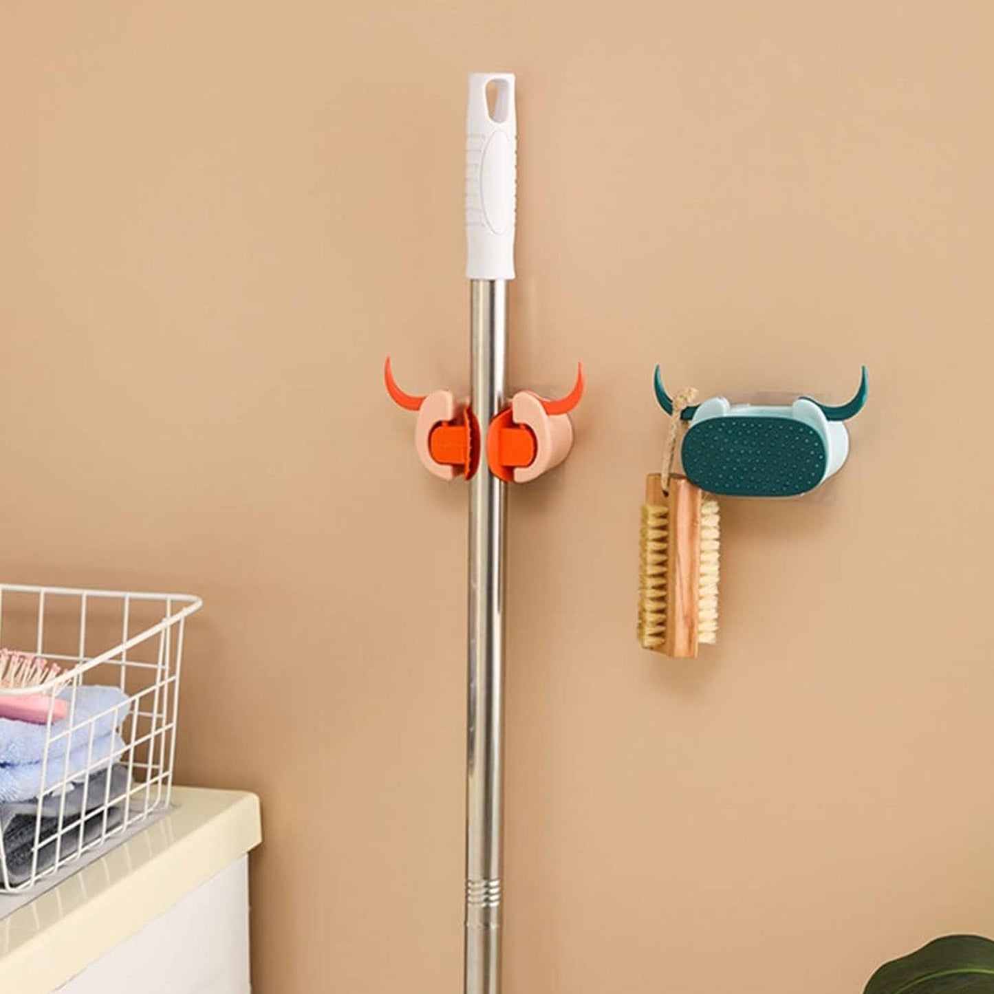 Multifunctional Cartoon Sticky Punch Free Mop Holder Wall Mounted Broom Organizer Cleaning Tools Holder Hanger, Self Adhesive Cute Cow Head Suction Cup Hanging Hook for Bathroom Kitchen (1 Pc) - Springkart 
