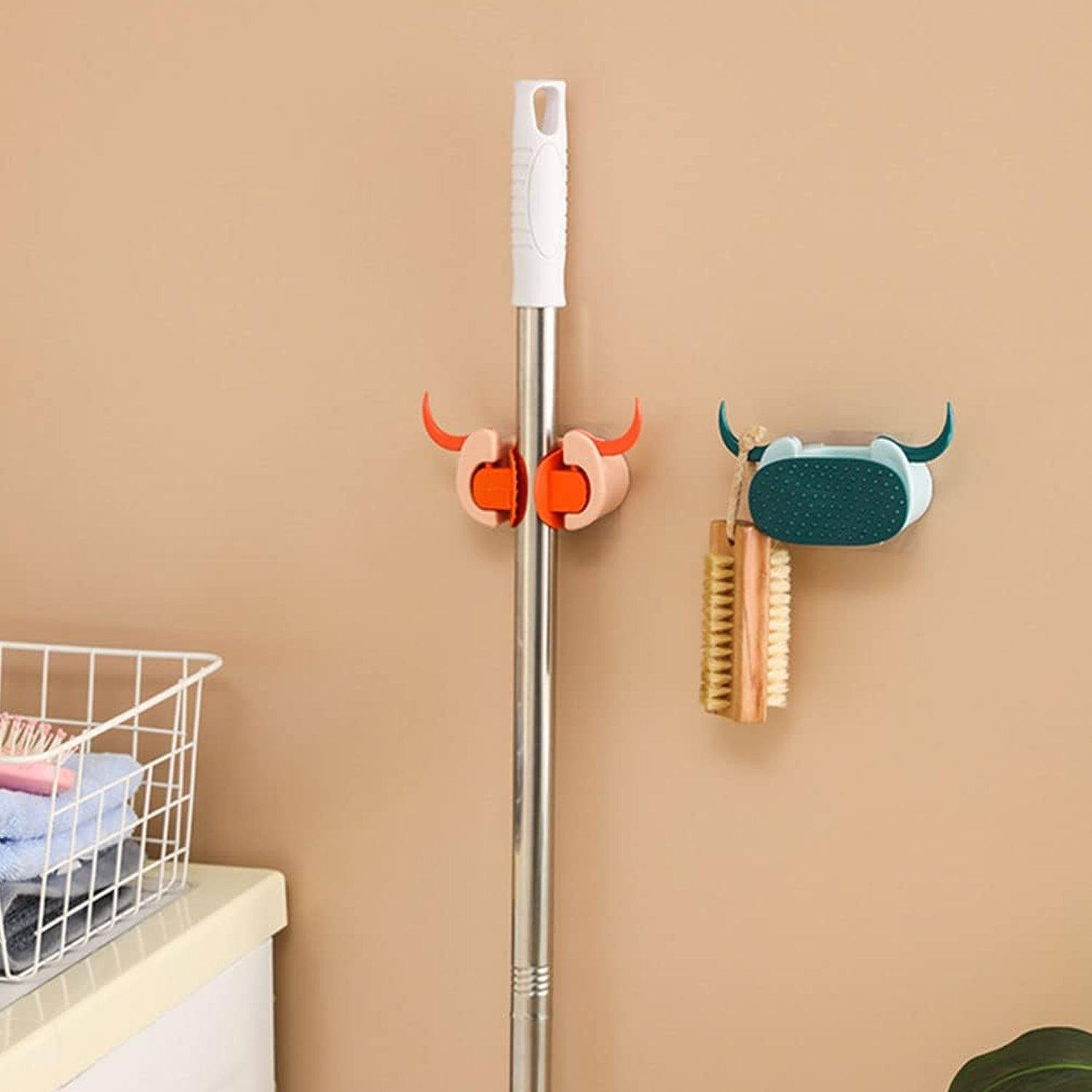 Multifunctional Cartoon Sticky Punch Free Mop Holder Wall Mounted Broom Organizer Cleaning Tools Holder Hanger, Self Adhesive Cute Cow Head Suction Cup Hanging Hook for Bathroom Kitchen (1 Pc) - Springkart 