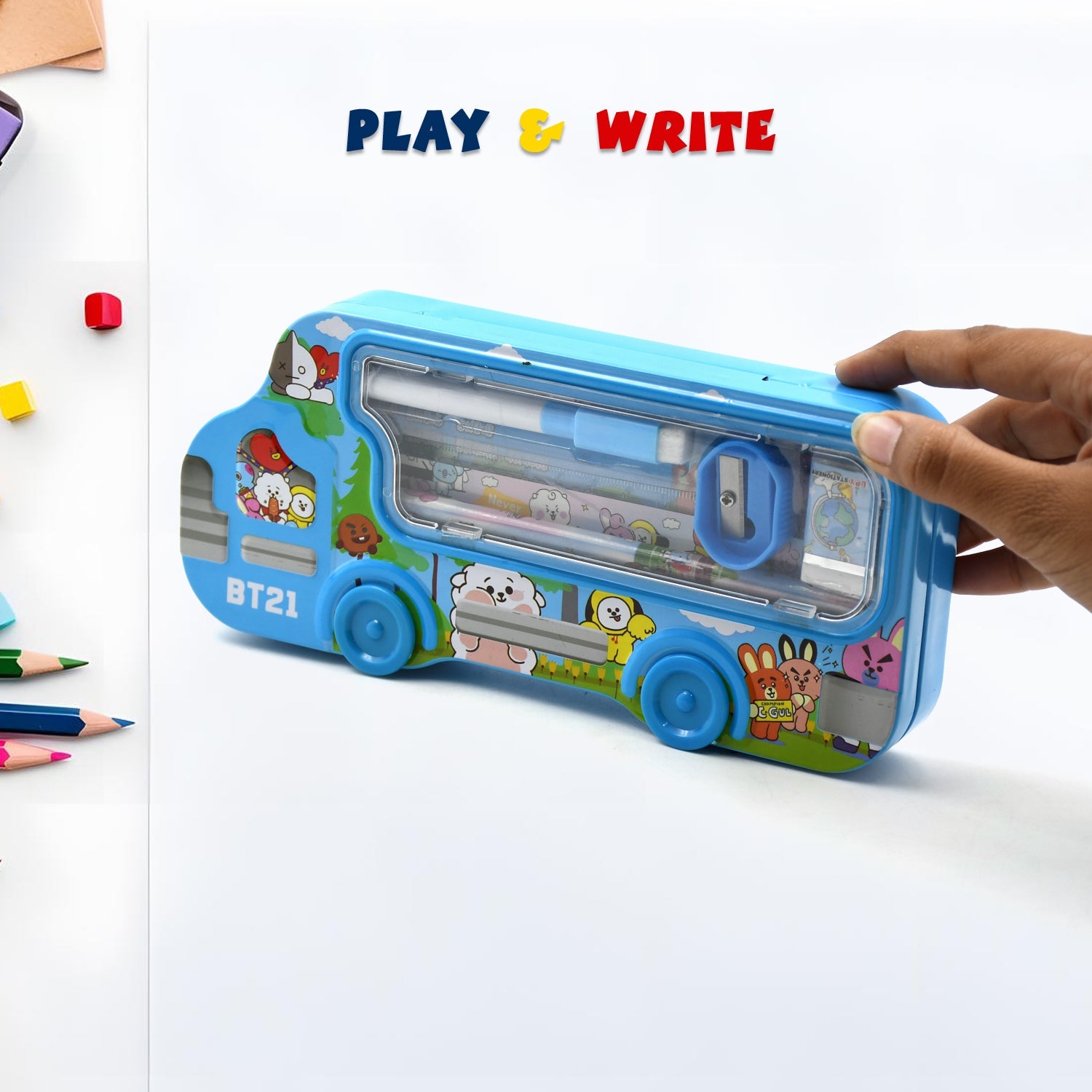 Bus Shape Compass Box for Boys, Kids School Accessories | Pencil Box with Wheels for Girls and Kids, String Operated Case Students School Supplies - Stationery Set Organizer Birthday Return Gift for Kids - Springkart 