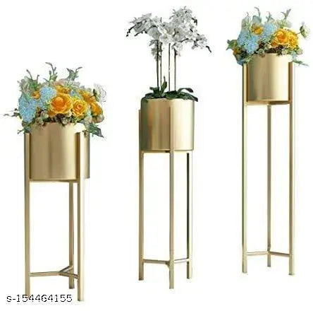 Modern Metal Floor Flower Stands Planter For Living Room Bedroom Display Plant Stand Tall Indoor Plant Stand with Planter Pot (Set Of 3 Gold)