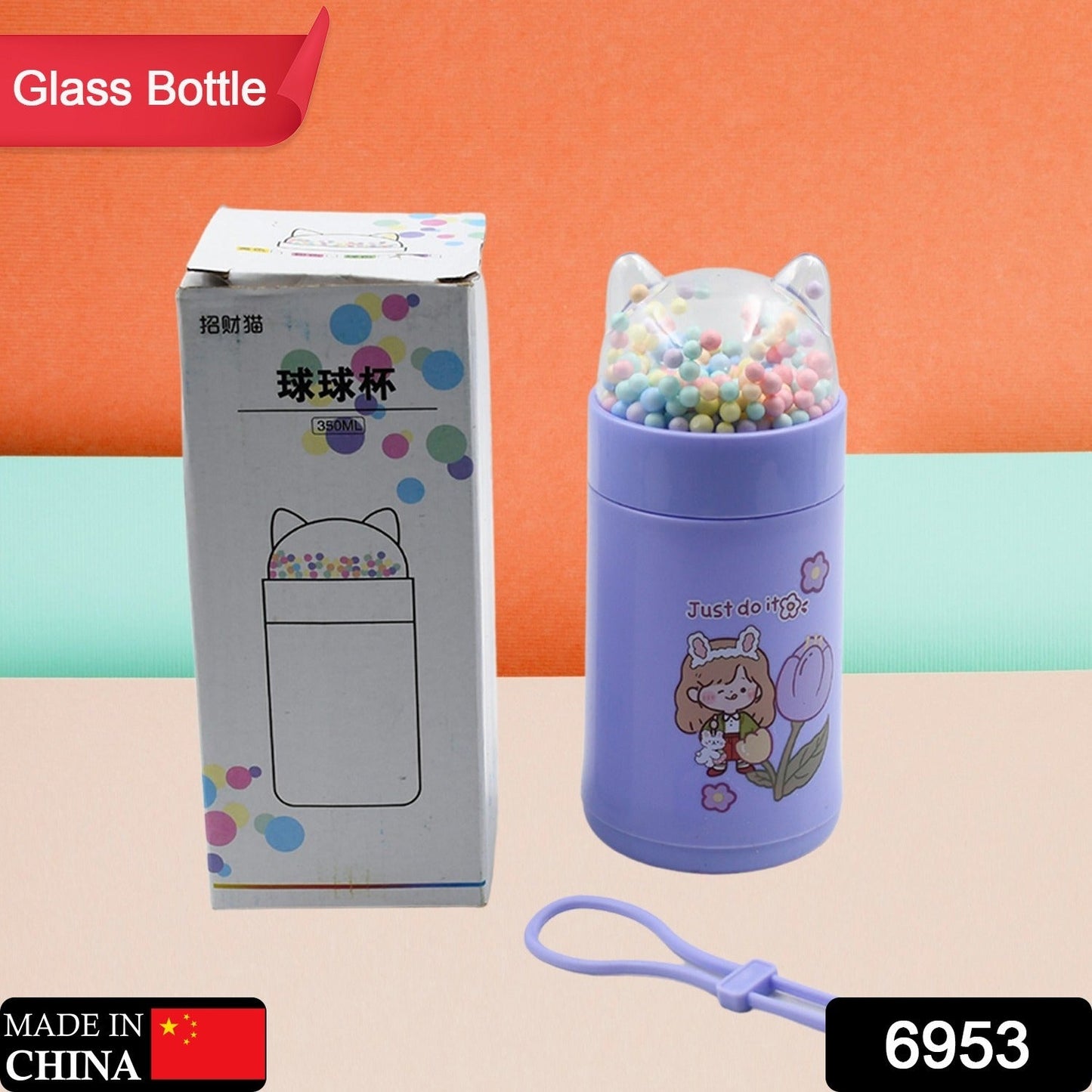 Girl Glass Water Bottle for School with Kid Sparkle Strap Cat Lid Sequins Glitter Glass Cup Birthday Gift Children 350ml (MOQ :- 75 pc) - Springkart 