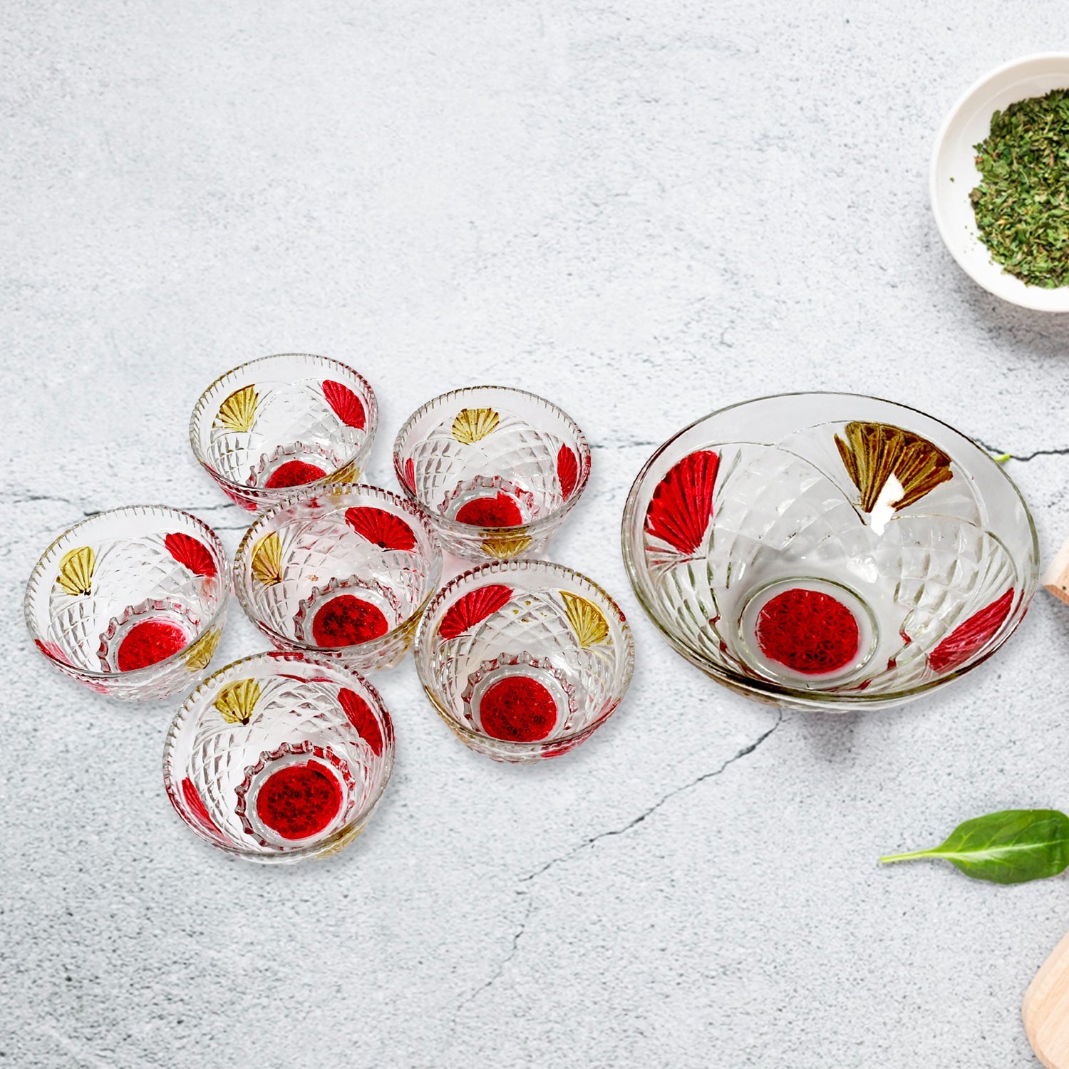 Rose glass Multipurpose Pudding / Dessert / Ice Cream Bowl Set for Home use, Home & Kitchen Serving Bowl for Sundae, Sweets, Snacks, Fruit, Pudding, Nuts or Dip, Serving Bowls 6 Medium & 1 Big Bowl (Set of 7 pc) - Springkart 