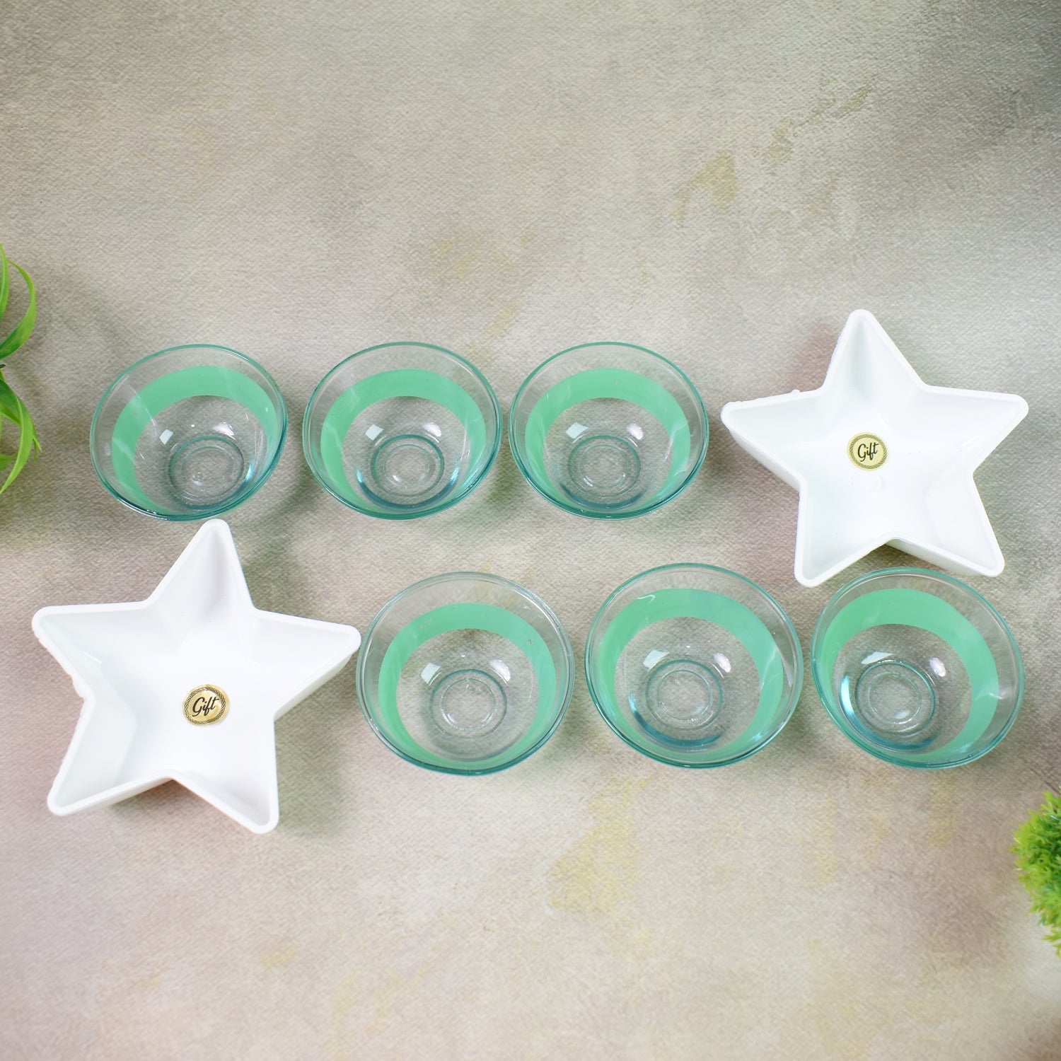 Star Station High Quality 6 Pc Glass Bowl & 2 Pc Plastic Star Shape Snack Bowl Set (8 Pcs Set) - Springkart 