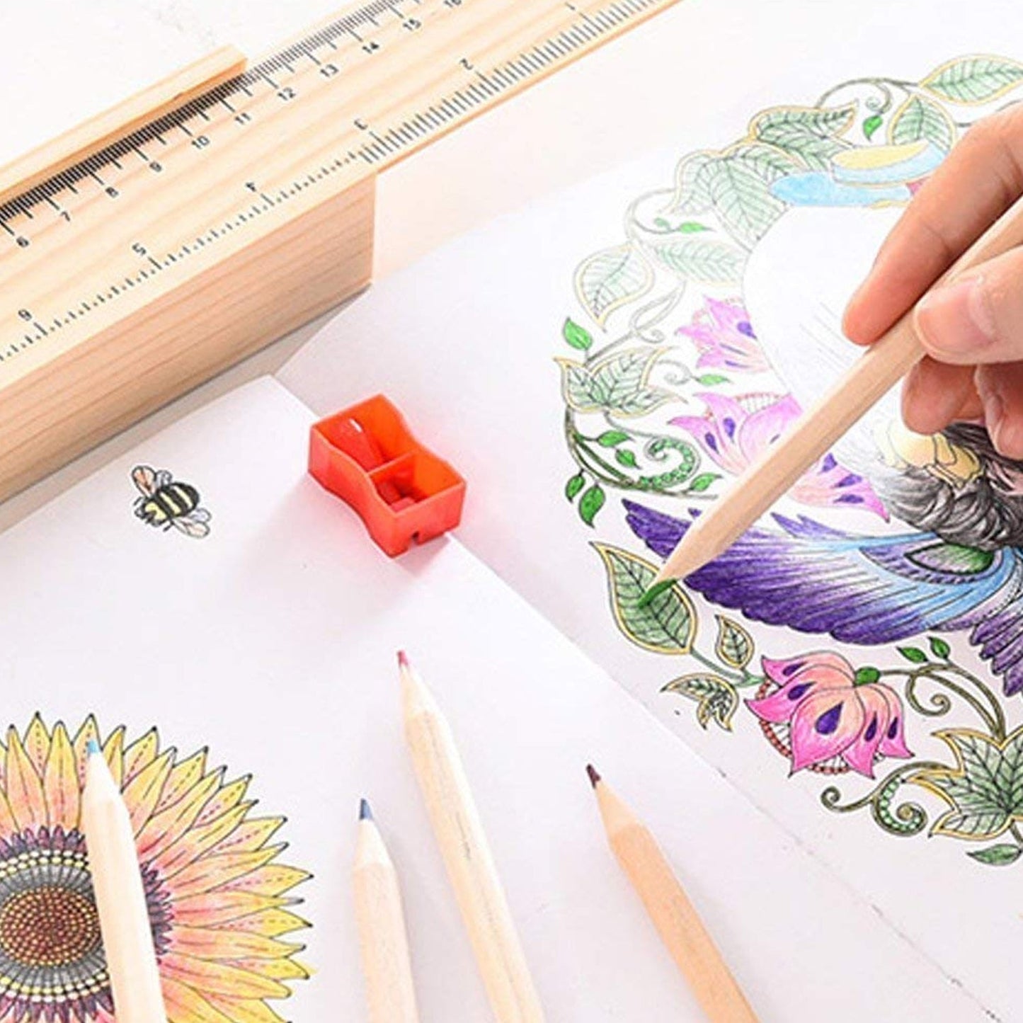 Colorful Wooden Pencil Set with Pencil box, Ruler, Sharpener For for Kids, Artist, Architect (12 Pcs Set) - Springkart 