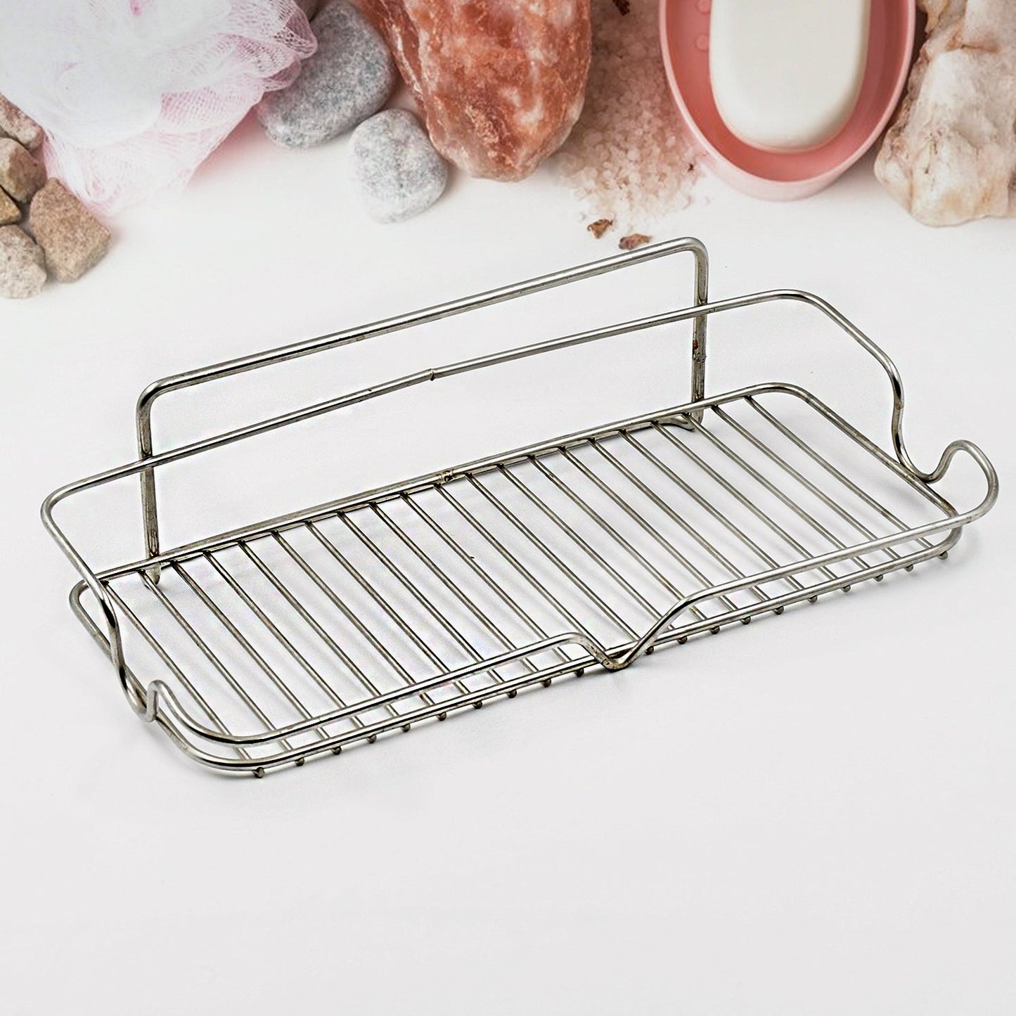 Stainless Steel Kitchen Bathroom Shower Shelf Storage Suction Basket Rack With 2 Hook (1 Pc) - Springkart 