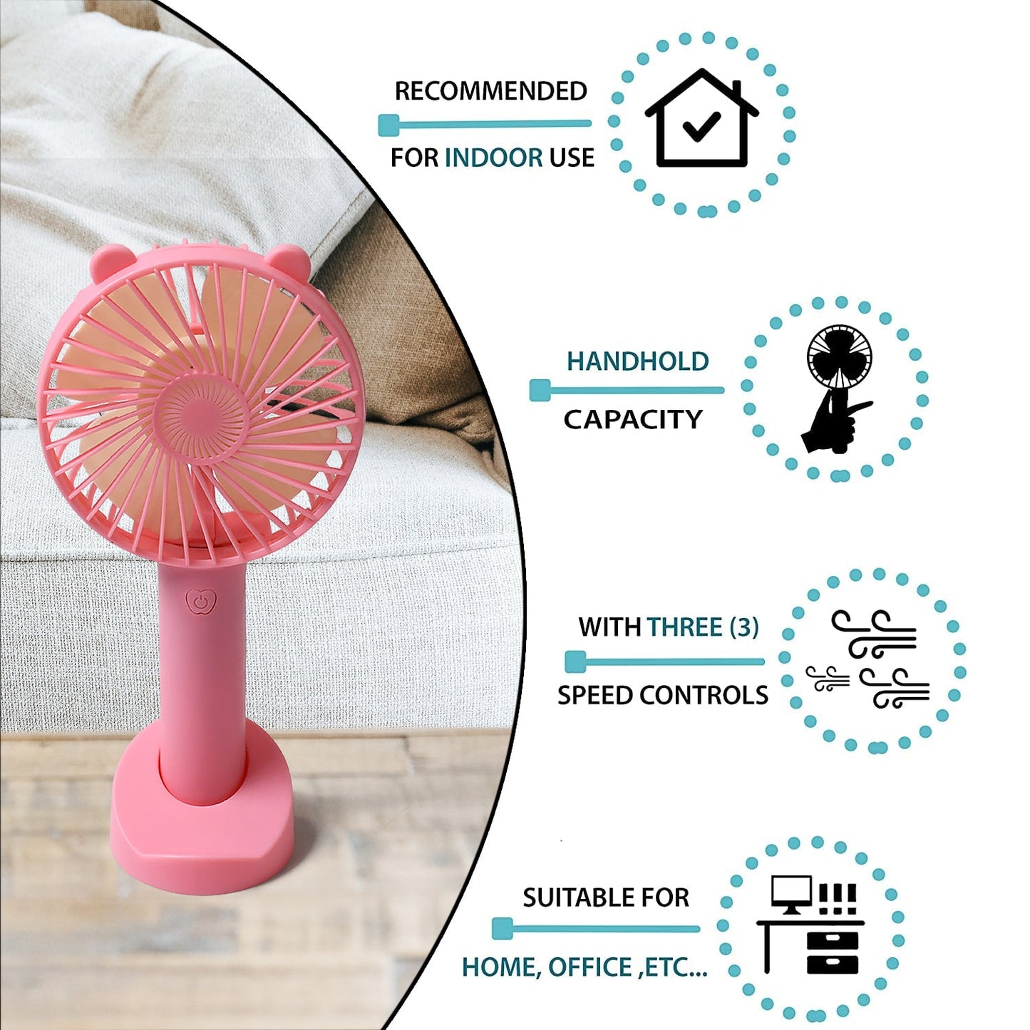 Portable Classic Hand Fan - 3-Speed Table Fan for Personal Desk, Suitable for Office, School, and Home Use (Battery Not Included) - Springkart 