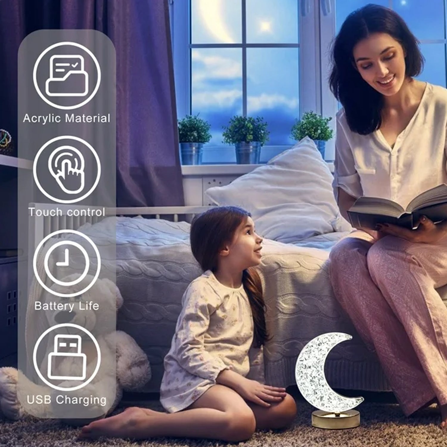 Crystal Table Lamp | Moon Shape Touch Control Lamp with 3 Color | Metal Bedside Lamp for Kids Bedroom Romantic Desktop Nightstand | Stepless Dimming USB Charging Touch Night Light - Springkart 