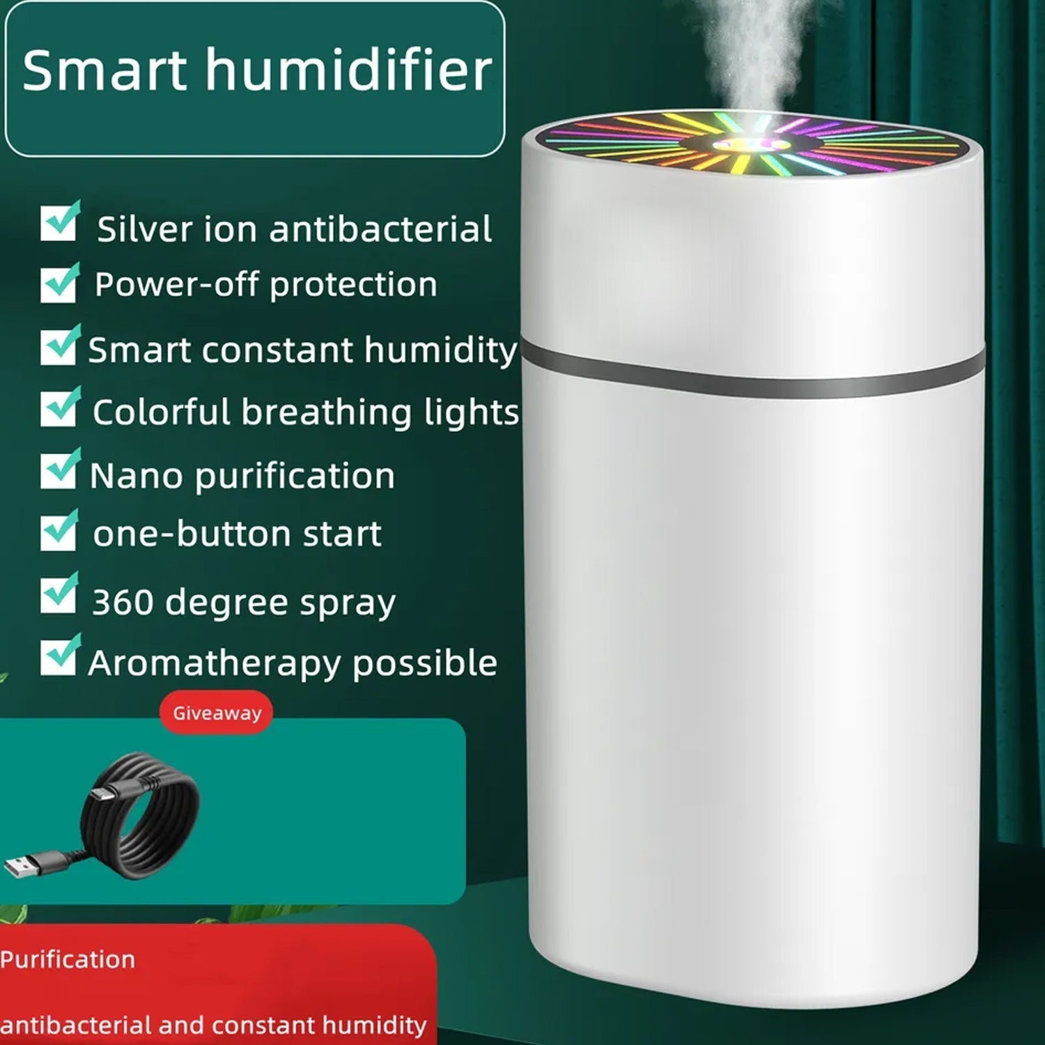Humidifiers For Bedroom, Small Humidifier With Colorful Light Effect, Mini Desk / Car Humidifier with Colorful Light - Springkart 