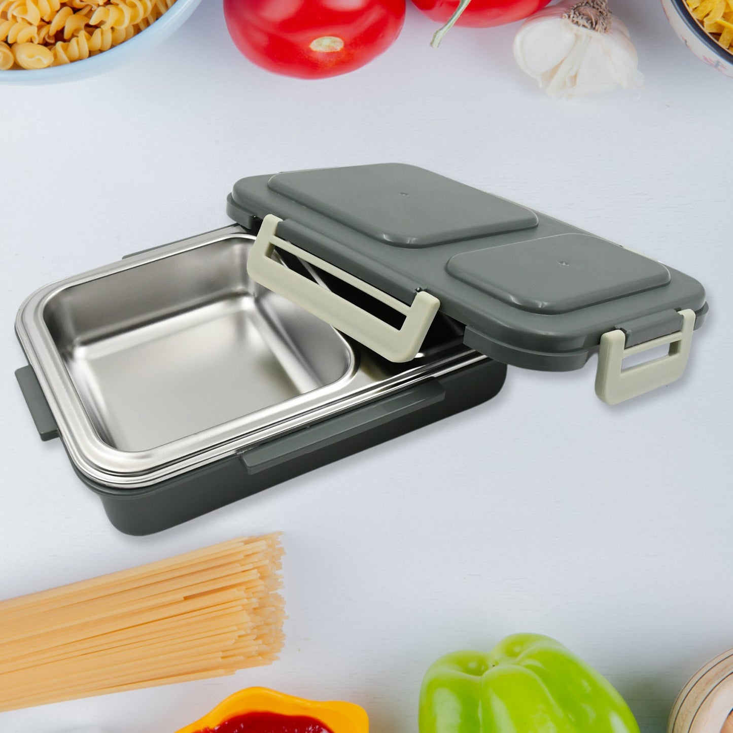 Miracle Quick Lock Leak Proof 2 Compartment Stainless Steel LUNCH BOX Inner Plate Reusable Microwave Freezer Safe Lunch Box Trendy Thermal Insulation Leak Proof for Office Vacuum Tiffin Box for Boys / Girls / School / Office Women and Men  - Springkart 