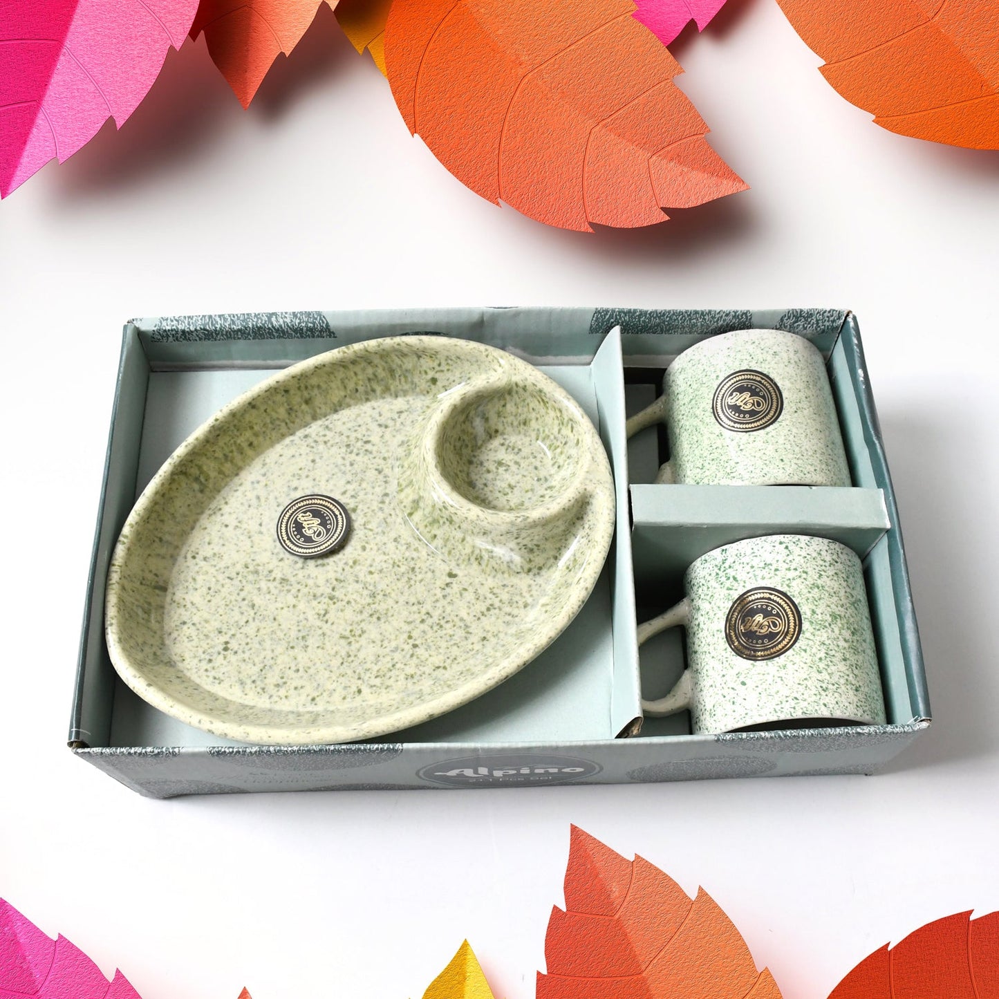 Alpino Ceramic Tea / Cups Set With Plastic Serving 2 Compartment Platter, Milk Cup / Mug, Coffee Cup, Tea Cup BPA Free Food Grade, or Outdoor for Household Gift For Birthday (3 Pcs Set) - Springkart 