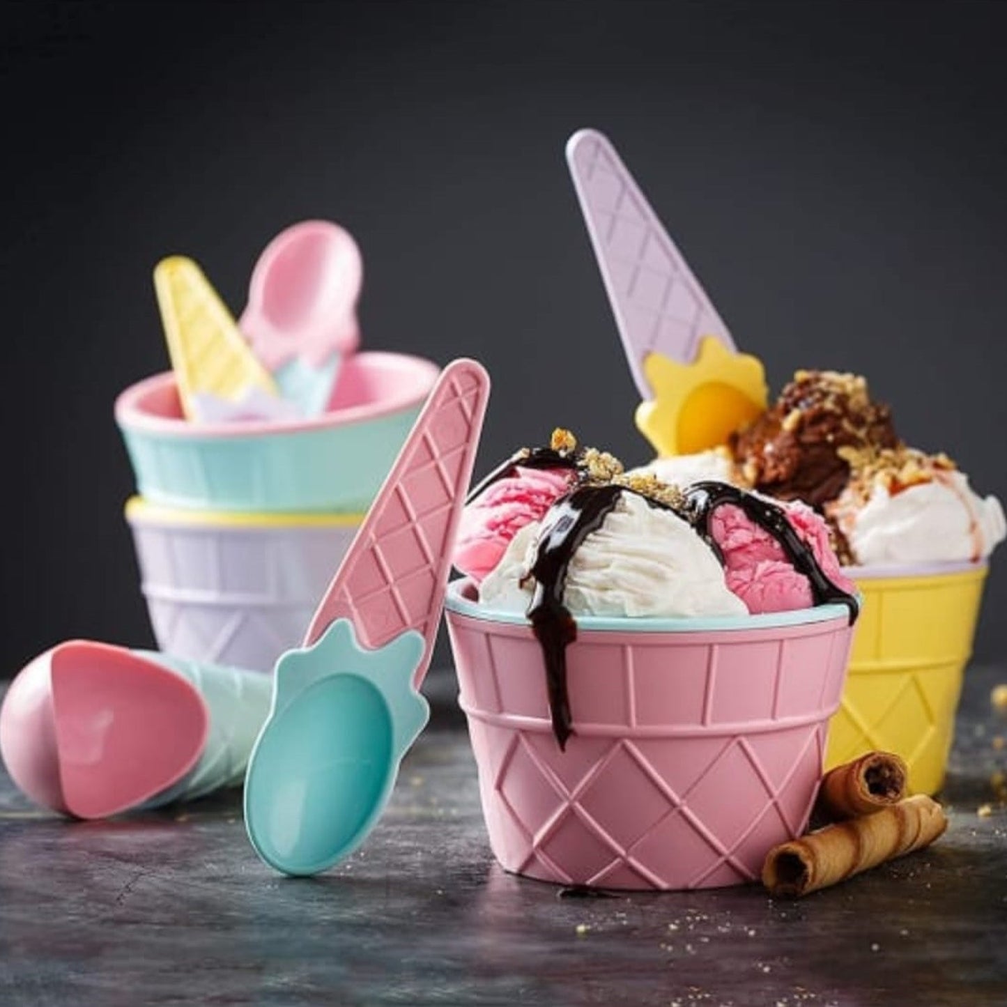 Ice-Cream Waffle Spoon Bowel Cup Set | Premium ice Cream Set | Ice-Cream Bowel with Spoon | 12 units Couple Bowl Set | Brown Box - Springkart 