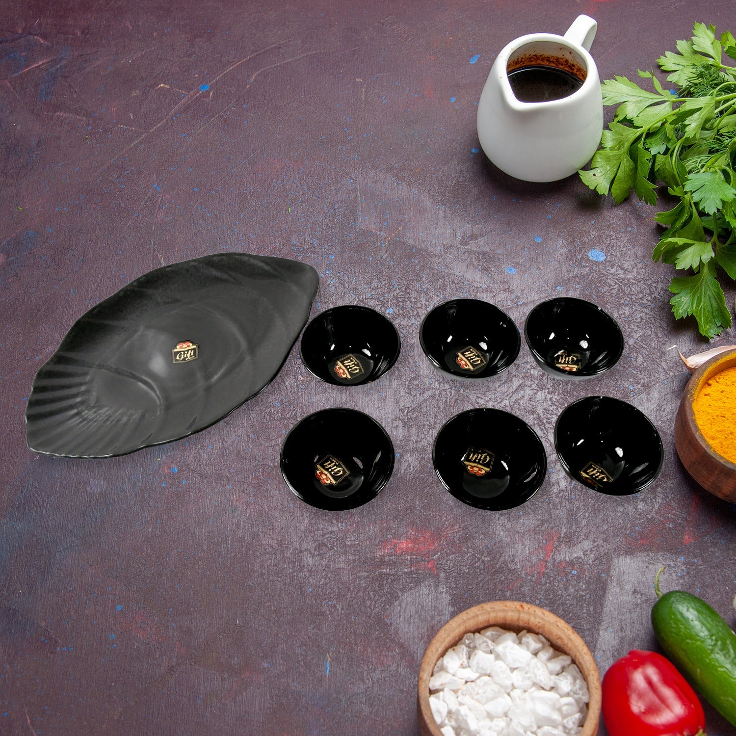 Hello Sweet Round Ceramic Snacks Bowl With Plastic Leaf shape Serving platter Portable, Lightweight Breakfast, Serving Bowl | Ideal for Rice, Pasta, Desserts Home & Kitchen Serving Bowl & platter (7 Pcs set) - Springkart 