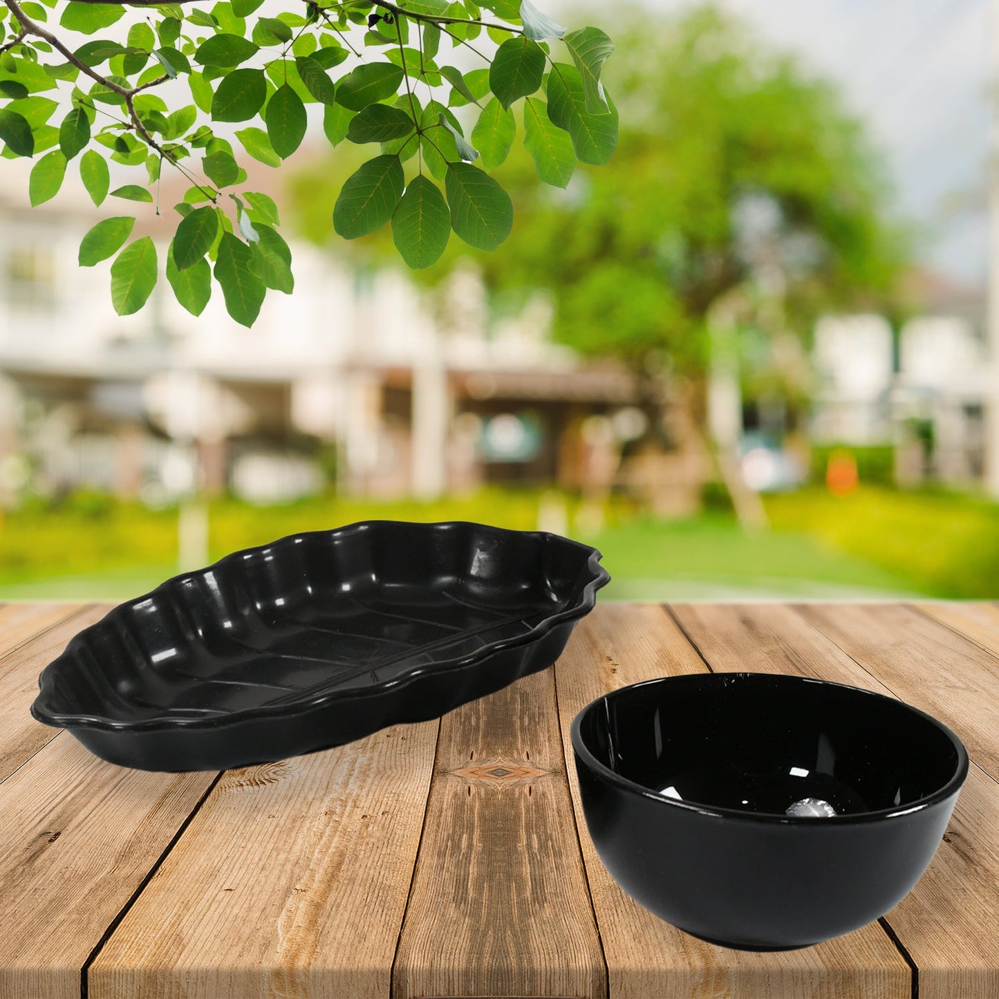 Invitation Round Ceramic Snacks Bowl With Plastic Leaf shape Serving platter Portable, Lightweight Breakfast, Serving Bowl | Ideal for Rice, Pasta, Desserts Home & Kitchen Serving Bowl & platter (8 Pcs set) - Springkart 