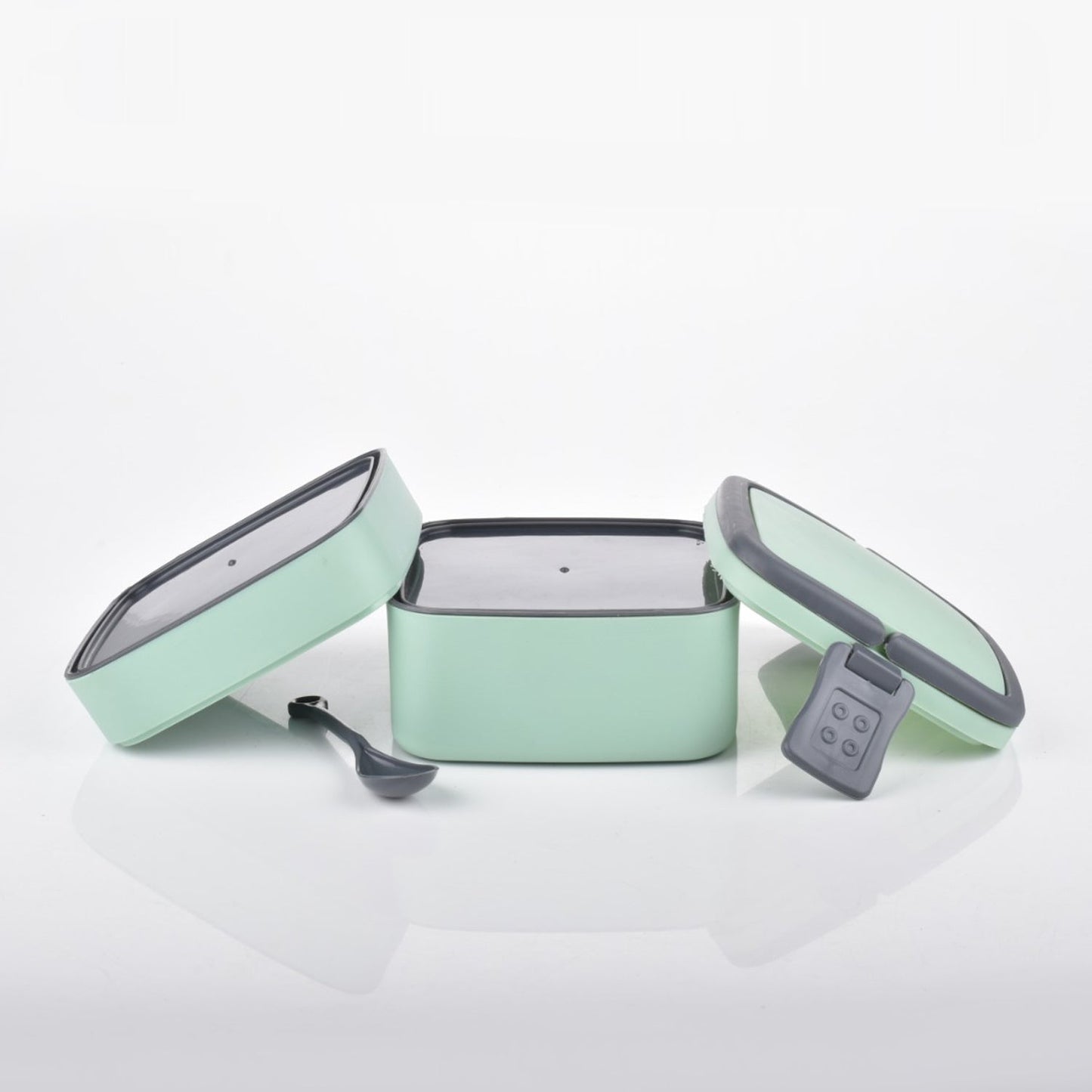 GREEN DOUBLE-LAYER PORTABLE LUNCH BOX STACKABLE WITH CARRYING HANDLE AND SPOON LUNCH BOX , Bento Lunch Box - Springkart 