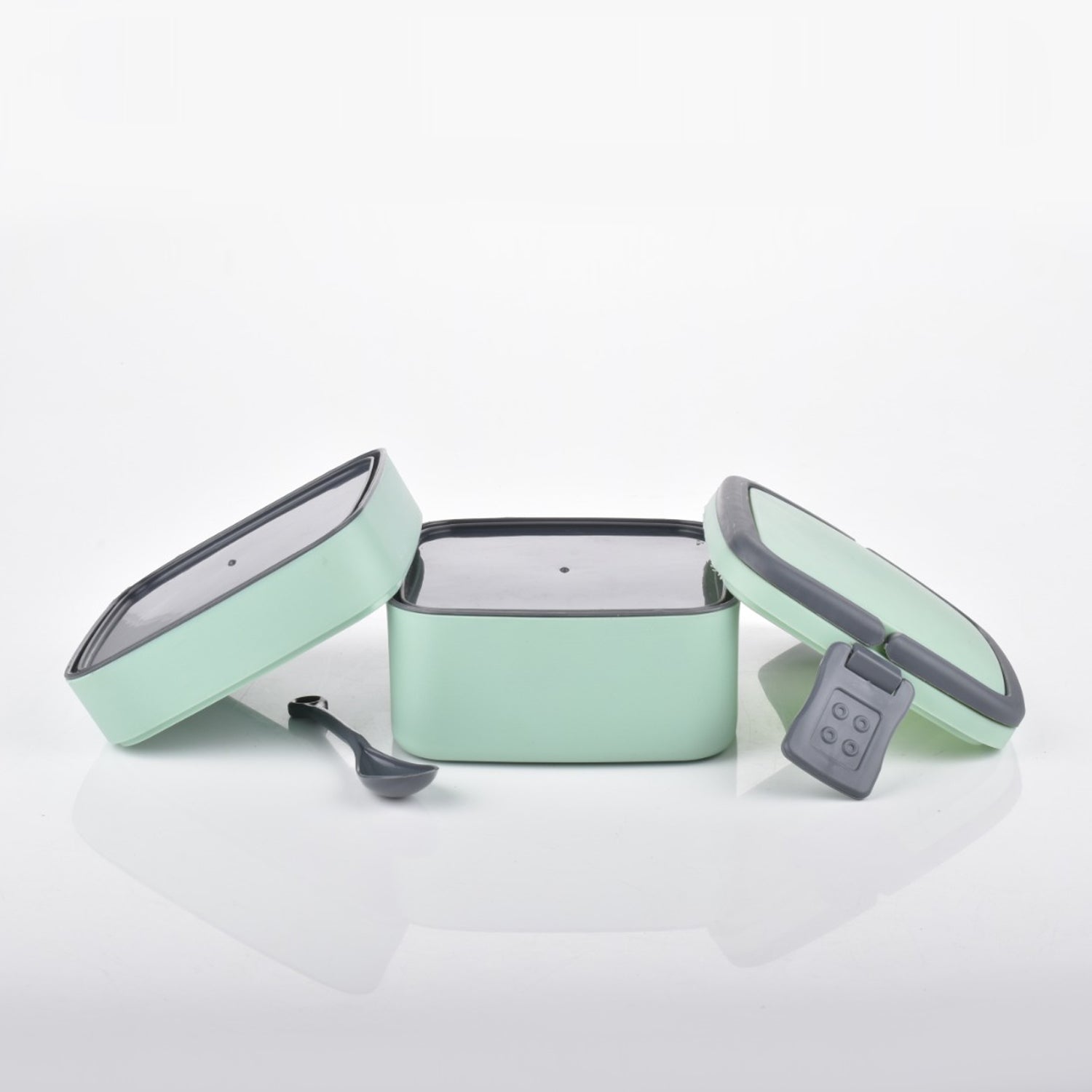 GREEN DOUBLE-LAYER PORTABLE LUNCH BOX STACKABLE WITH CARRYING HANDLE AND SPOON LUNCH BOX , Bento Lunch Box - Springkart 