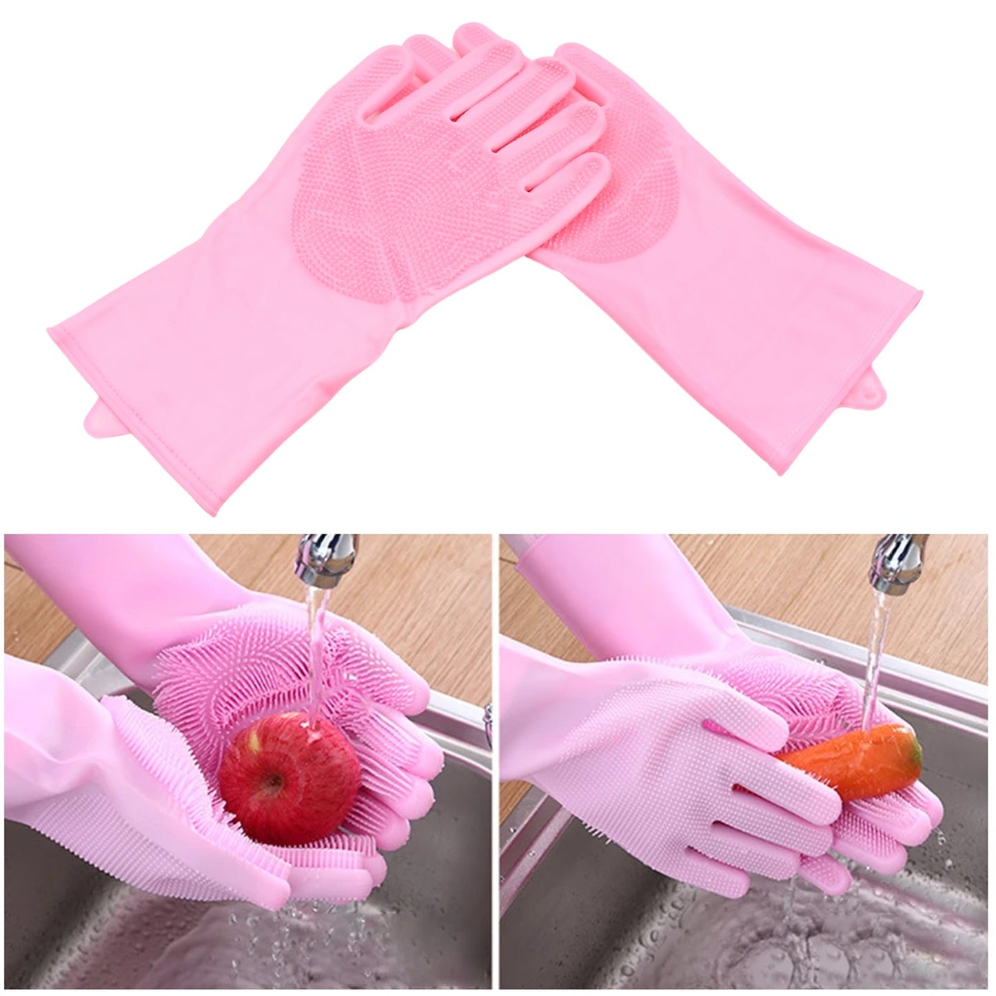 Dishwashing Gloves with Scrubber| Silicone Cleaning Reusable Scrub Gloves for Wash Dish Kitchen| Bathroom| Pet Grooming Wet and Dry Glove (1 Pair, 155Gm) - Springkart 