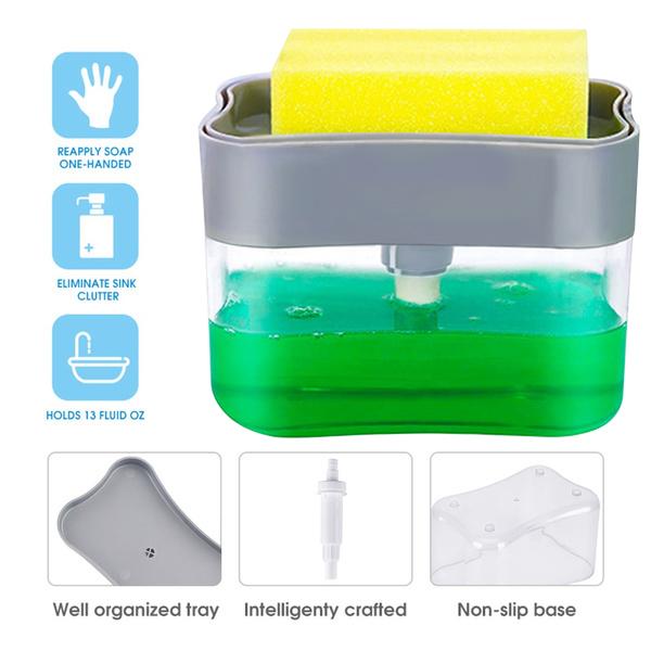 Soap dispenser with sponge holder in various angles.