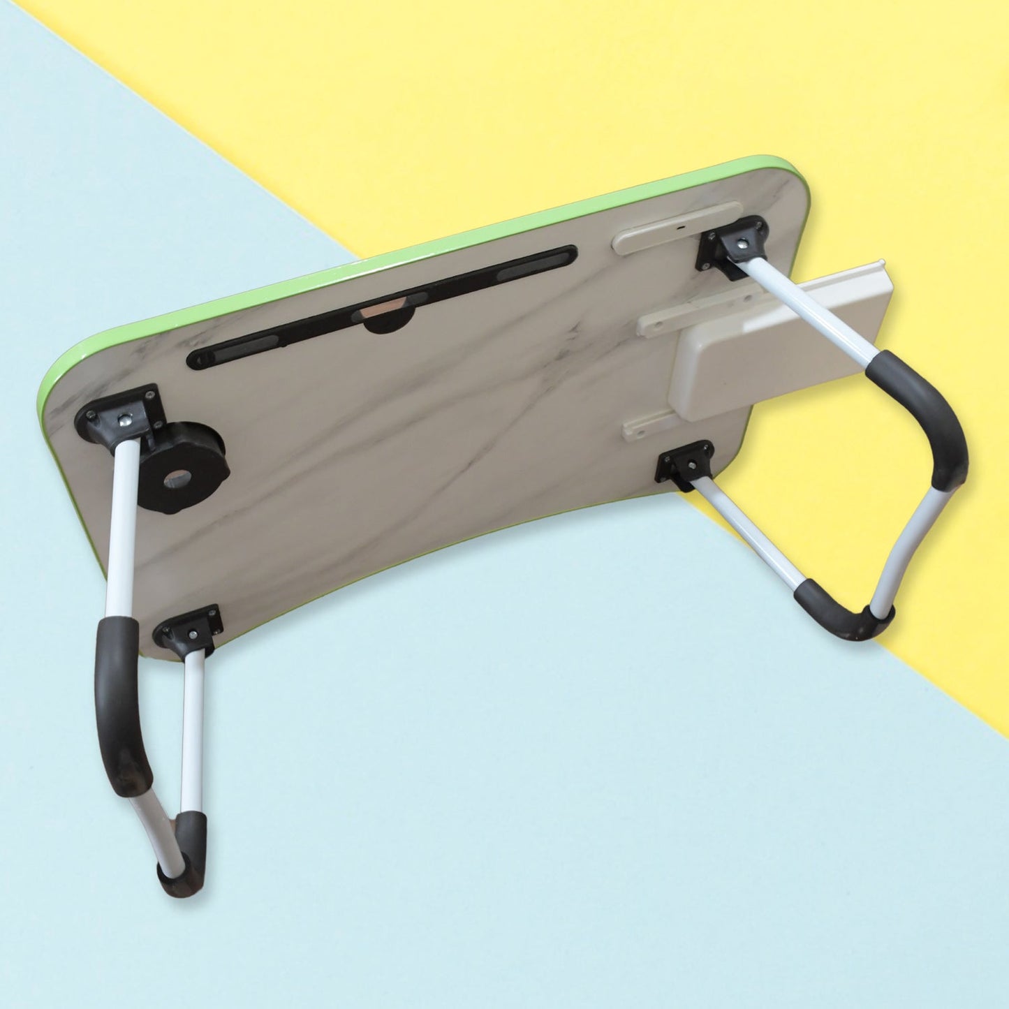 MultiPurpose Study Table Foldable Portable Notebook Bed Lap Desk Tray Stand Reading Holder with Coffee Cup Slot, Drawer, Fan, USB Cable & Light for Breakfast, Reading & Movie Watching (1 Pc Mix Color) - Springkart 