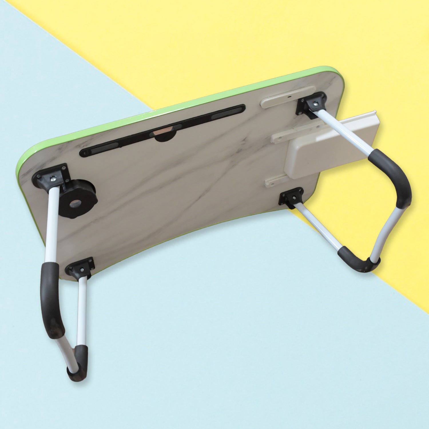 MultiPurpose Study Table Foldable Portable Notebook Bed Lap Desk Tray Stand Reading Holder with Coffee Cup Slot, Drawer, Fan, USB Cable & Light for Breakfast, Reading & Movie Watching (1 Pc Mix Color) - Springkart 