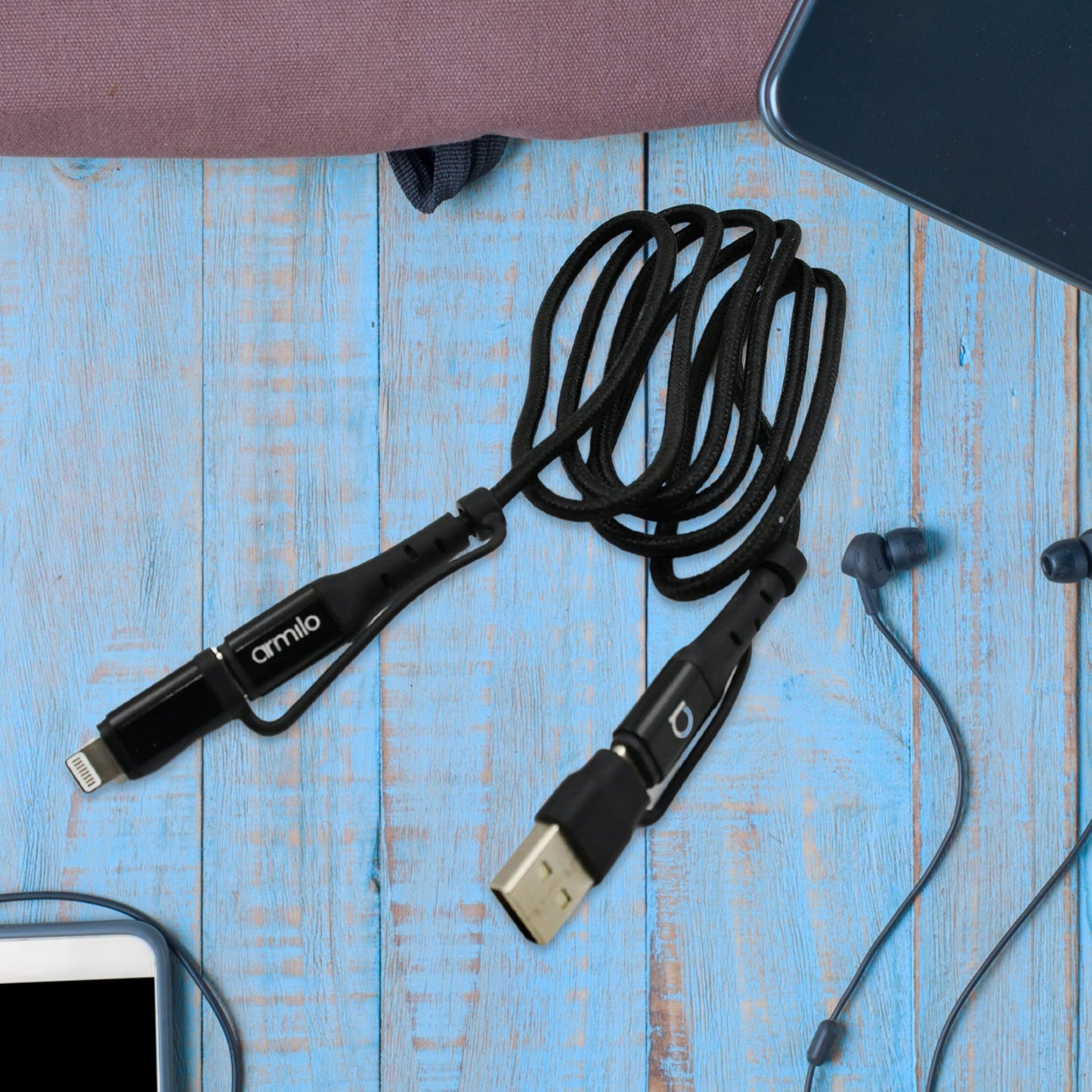 3 IN 1 Fast Charging Cable with Type C & iPhone Support, Compatible with all devices, Data Transmission, Unbreakable Braided, Tangle Free - Springkart 