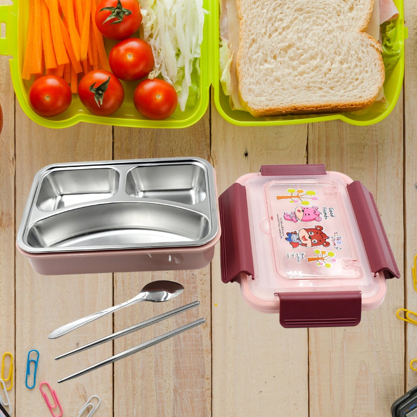 Food‑Safe Materials Kids Lunch Box With steel Spoon & chopsticks Compartment is Designed Made of 304 Stainless Steel Easy to Clean for School for Camping for Work for Home, Office - Springkart 