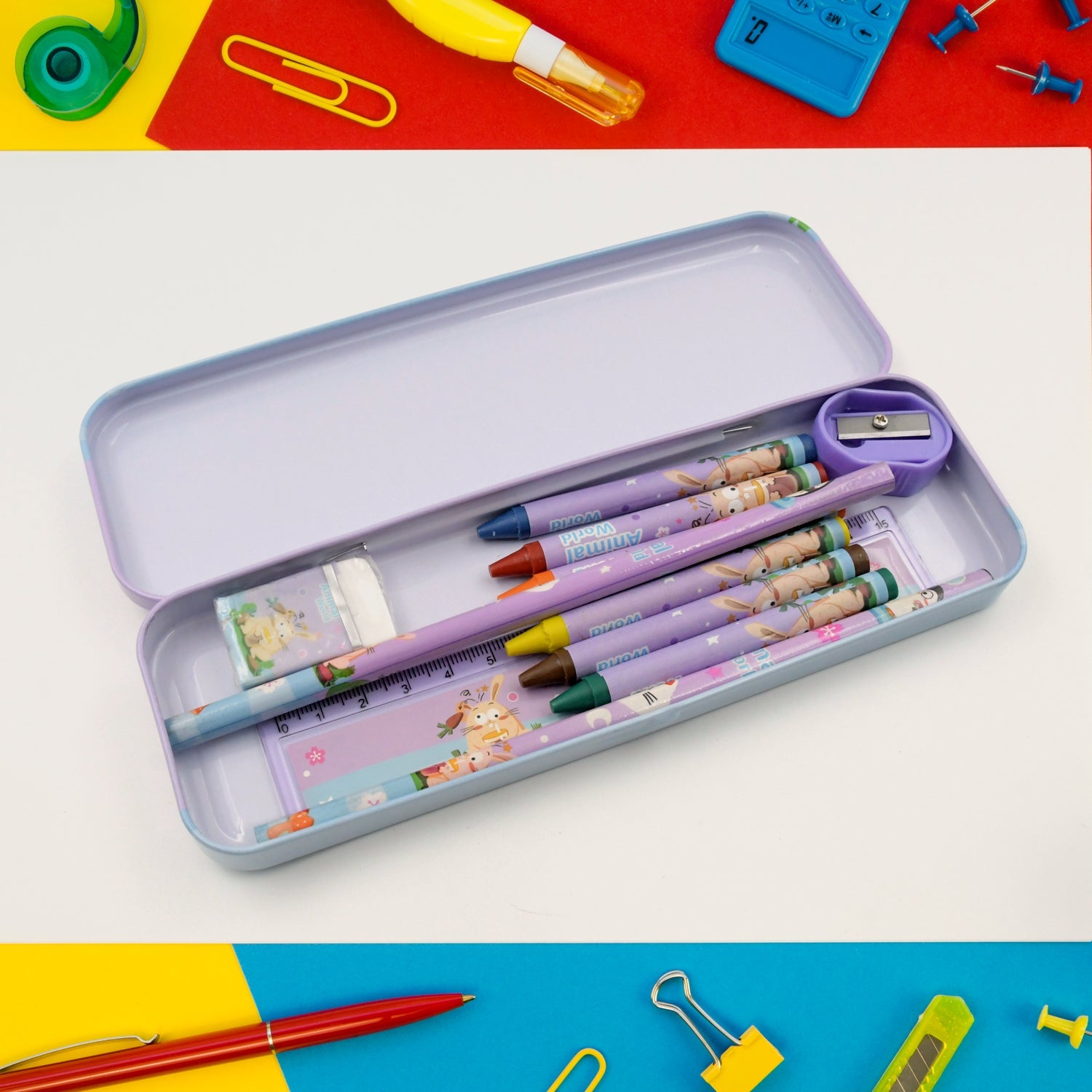 School Supplies Stationery Kit with 1 Pencil Box Case 2 Pencils 6 Crayon Colors 1 Ruler Scale 1 Eraser 1 Sharpener Stationary Kit for Girls Pencil Pen Book Eraser Sharpener Crayons - Stationary Kit Set for Kids Birthday Gift (12 Pc Set) - Springkart 