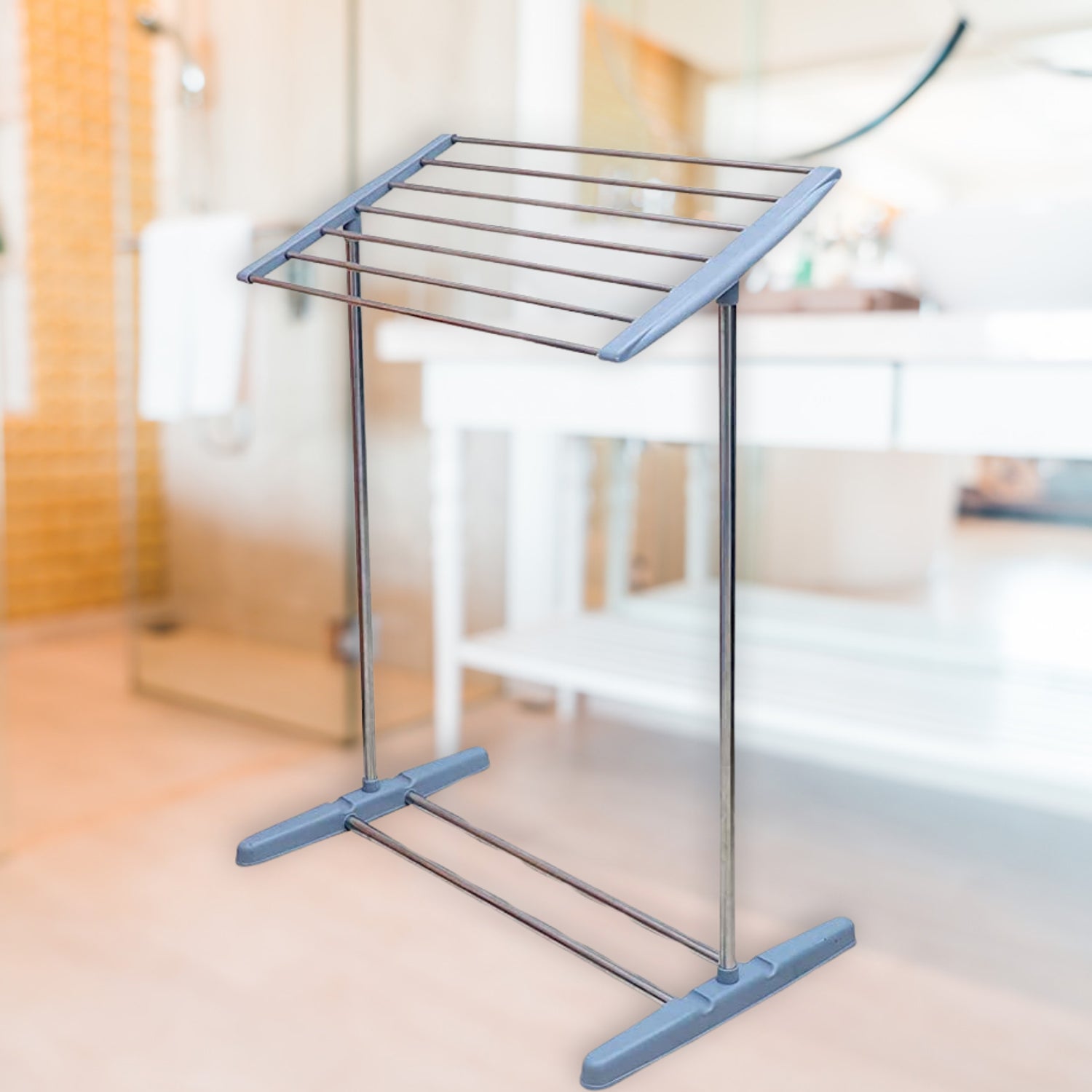 Multi-Functional Single Tier Mobile Towel Foldable Rack for Cloth and Towel / Stainless Steel and Plastic Made Mobile Towel and Cloth Rack Holder Indoor / Outdoor Standing Movable Cloth Dryer Rack, Balcony Cloth Drying Stand - Springkart 