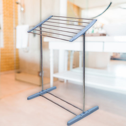 Multi-Functional Single Tier Mobile Towel Foldable Rack for Cloth and Towel / Stainless Steel and Plastic Made Mobile Towel and Cloth Rack Holder Indoor / Outdoor Standing Movable Cloth Dryer Rack, Balcony Cloth Drying Stand - Springkart 