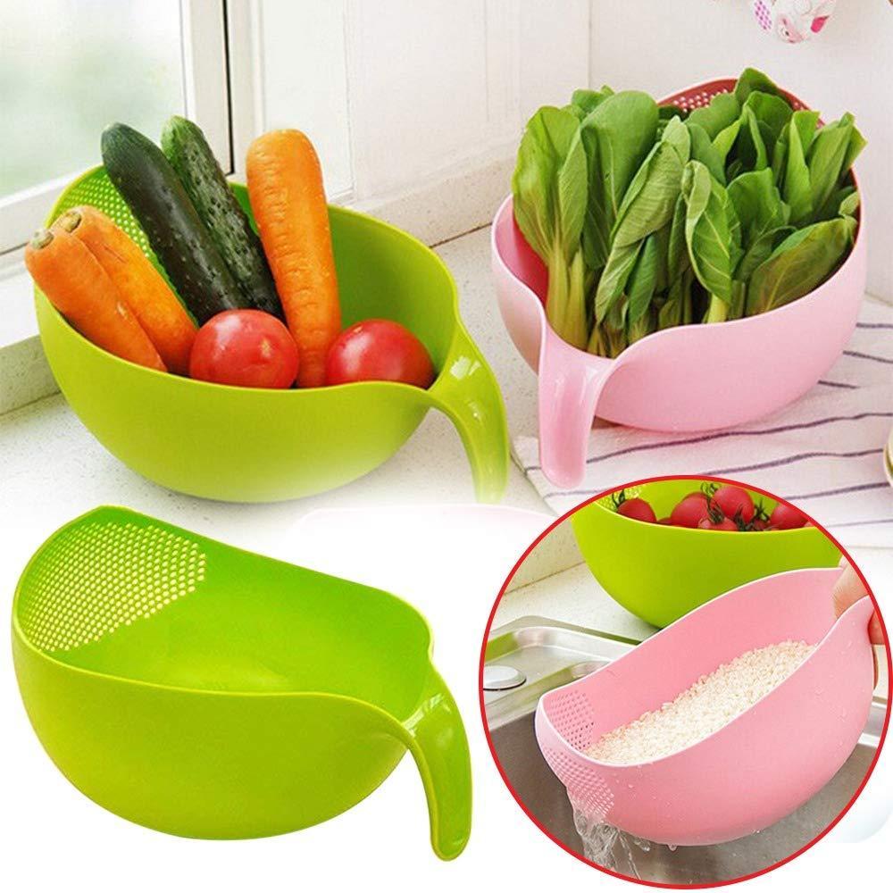 Plastic rice bowl and food strainer set, with handle, set of 3