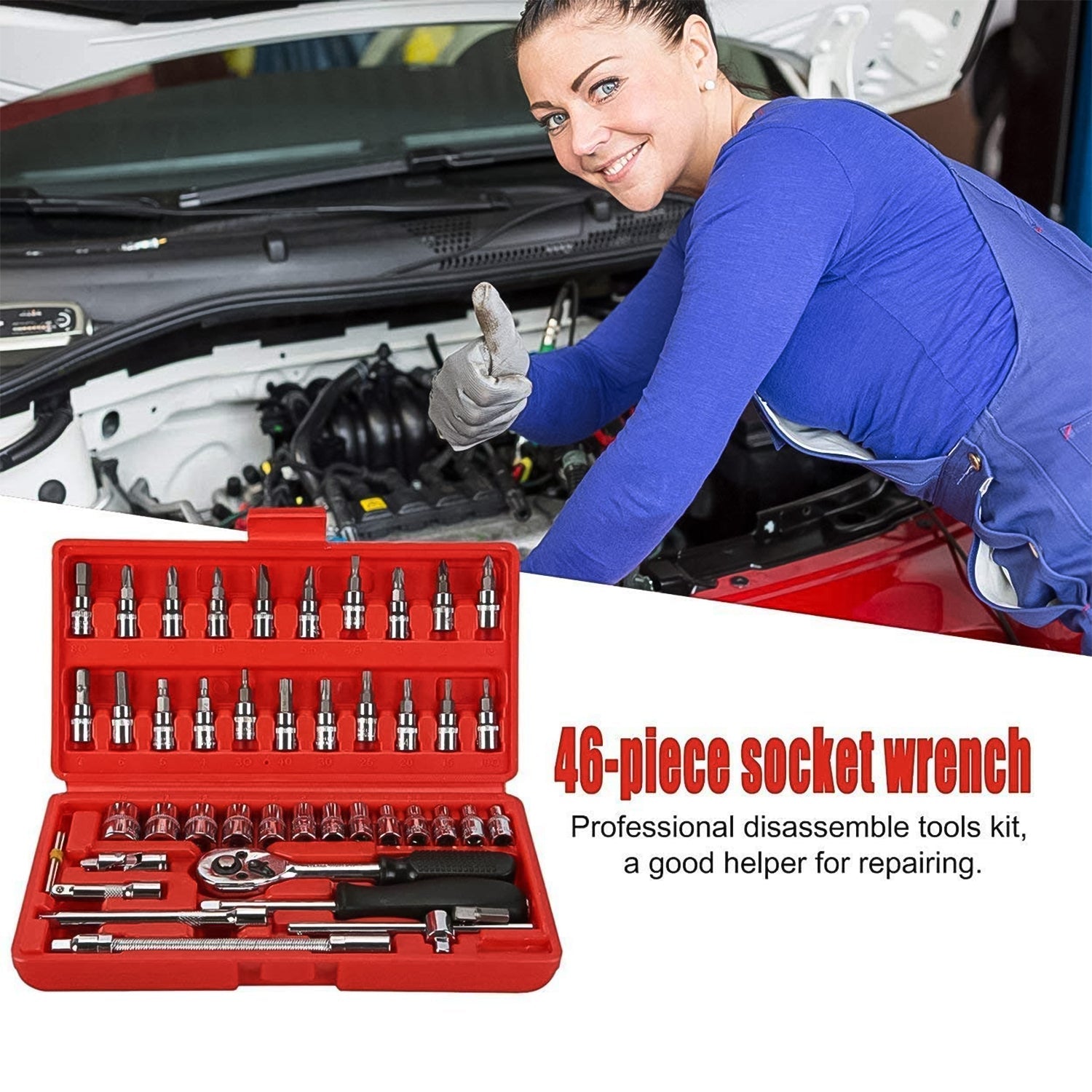 Socket 1 / 4 Inch Combination Repair Tool Kit (Red, 46 pcs) - Springkart 
