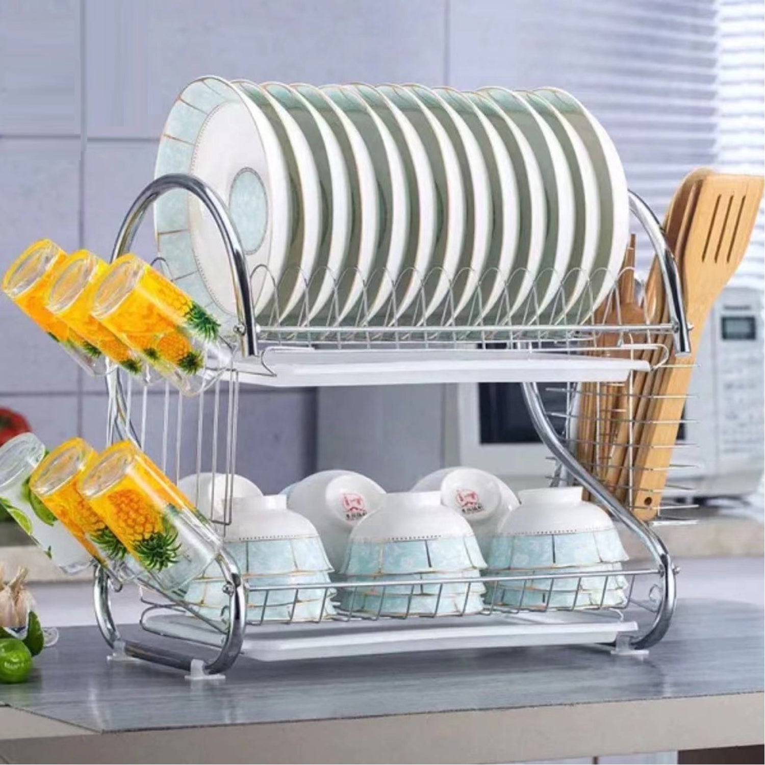 Stainless Steel 2 Layer Kitchen Dish Rack / Plate Cutlery Stand - Springkart 
