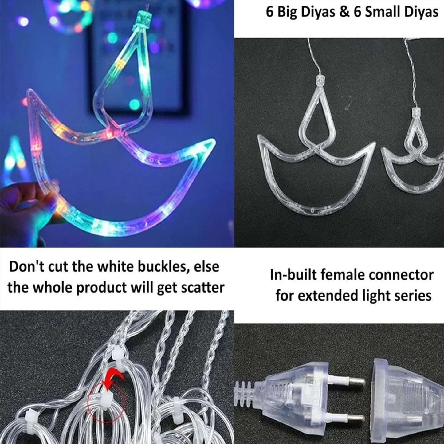 Multicolor 12 Diya Curtain String Lights, Window Curtain Lights with 8 Flashing Modes Decoration Light (Multi Color) - Springkart 