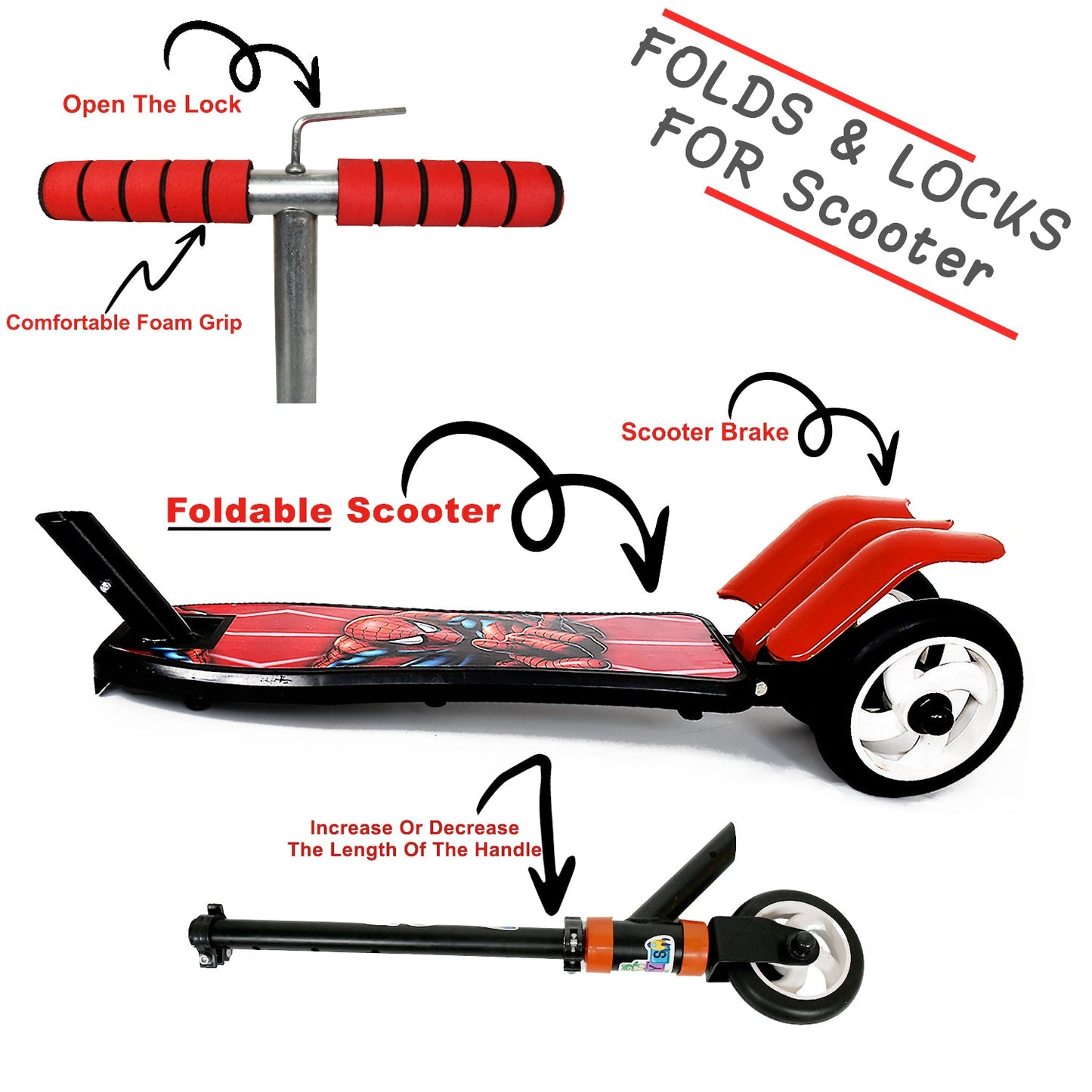 Basic Kids Ride On Leg Push Scooter for Boys and Girls (4 - 8 Years Old Kids) Foldable Scooter Cycle with Height Adjustment for Boys and Girls Multicolor (1 Pc / 3 Wheel)  - Springkart 