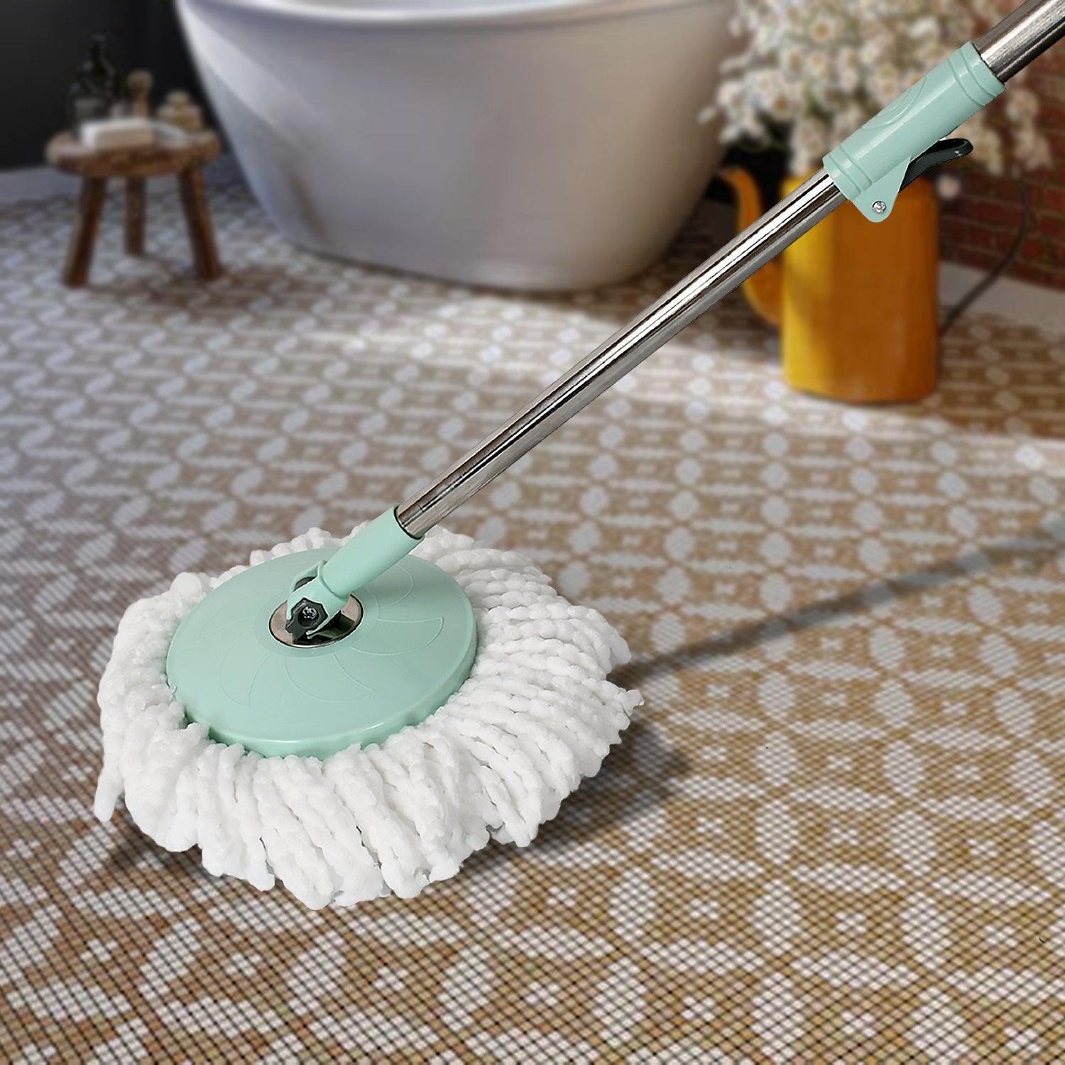 Ganesh Quick Spin Mop Steel Spin, Bucket Floor Cleaning, Easy Wheels & Big Bucket, Floor Cleaning Mop With Bucket, 2 Micro fiber head / Refill - Springkart 