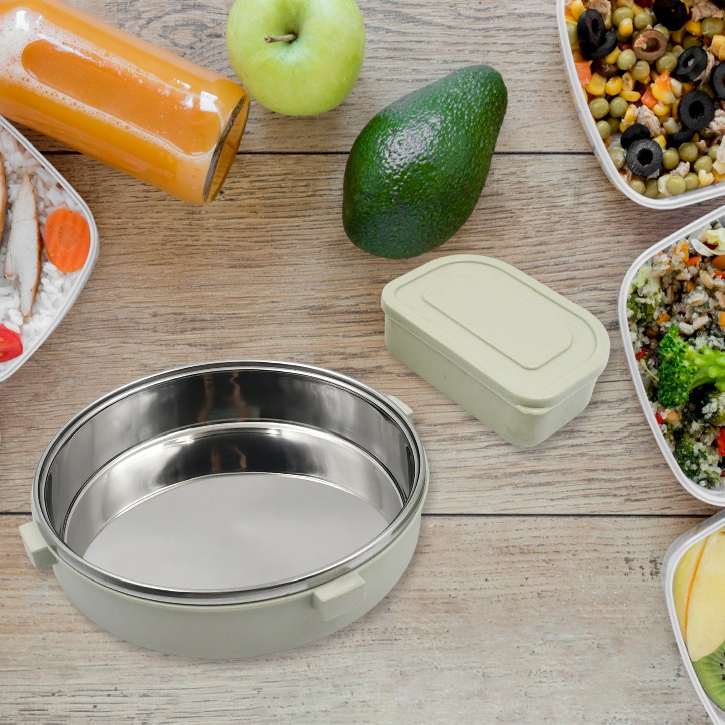 Miracle Stainless Steel Round Lunch Box, with Small Plastic Box Insert Leak Proof Lunch Box with Transparent lid, Lunch Box for Kids & Adults for School, Office (450 ML + 250 ML Approx) - Springkart 