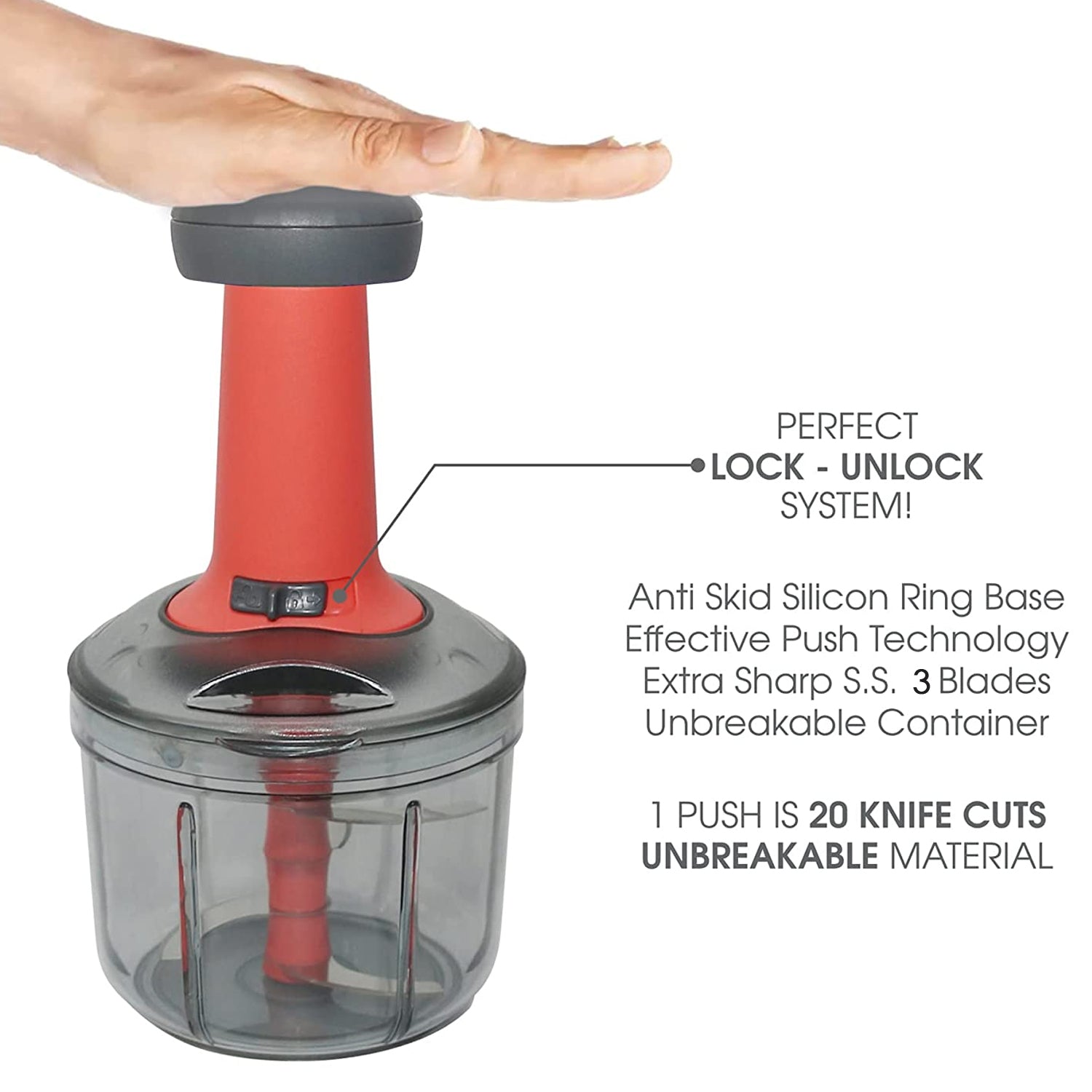 Matte Finish Hand Press Chopper with 3 Blades for Easy Vegetable & Fruit Chopping - Springkart 