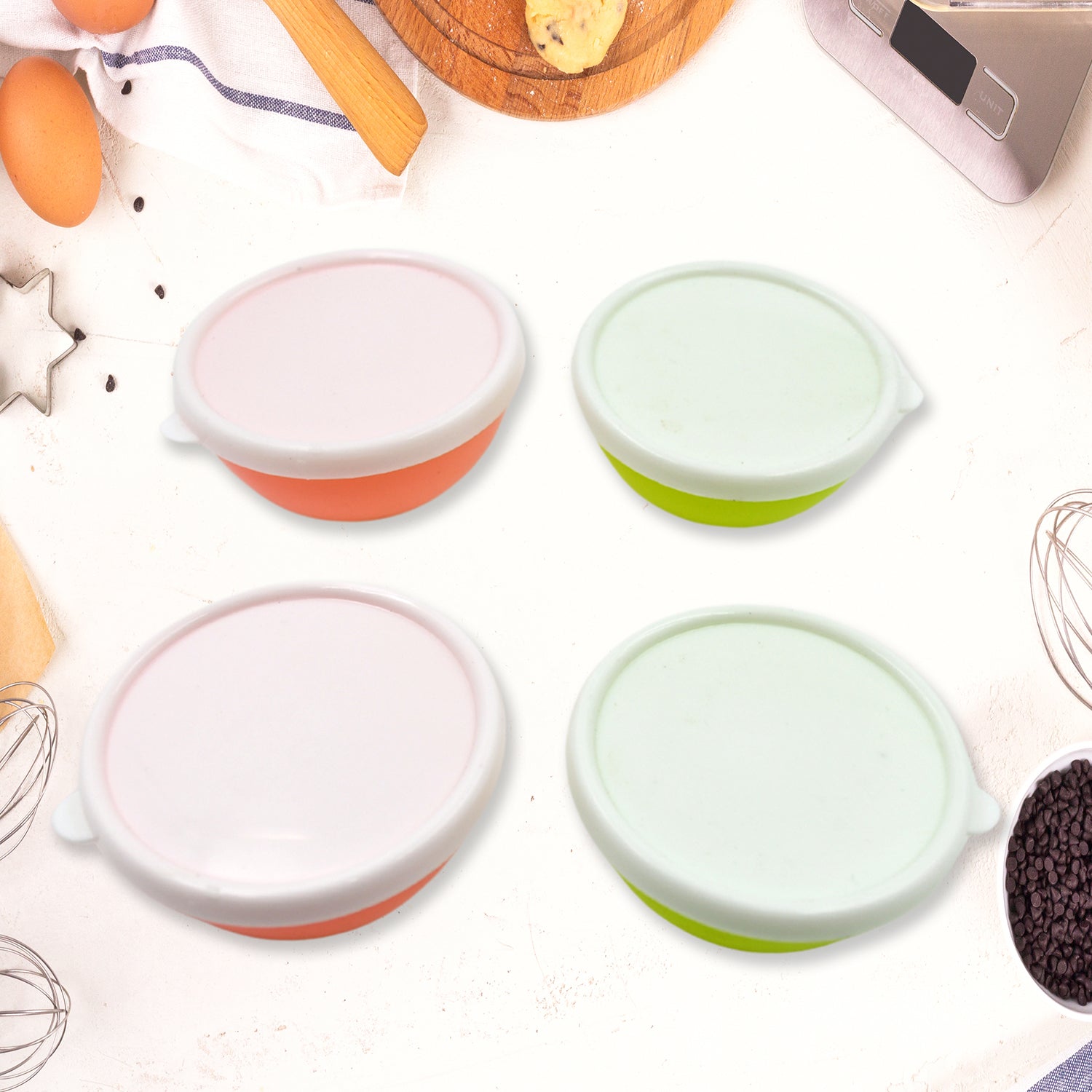 Multipurpose Small Round Plastic Bowl / Katori With Lid, Microwave Safe Reusable Lightweight Bowl, Dishwasher Safe Chutney Bowl (4 Pcs Set) - Springkart 