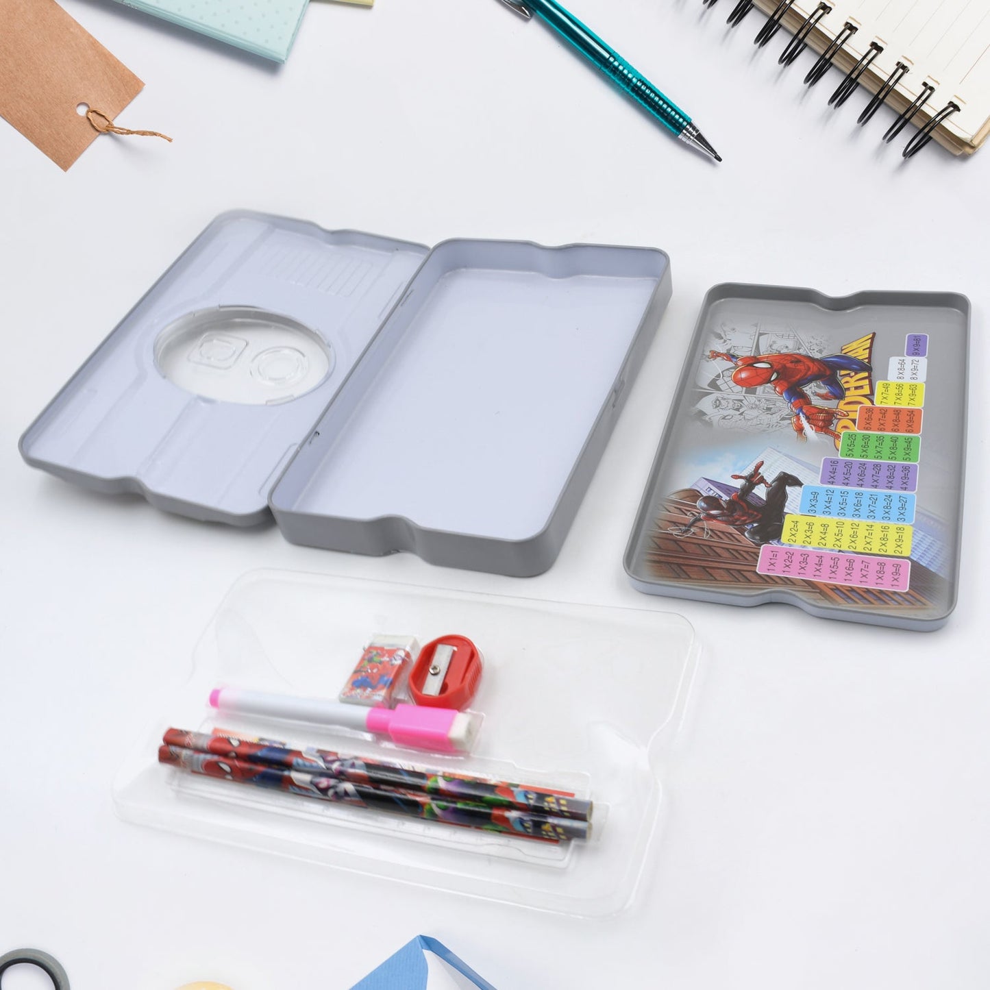 Big Cartoon Printed Metal Compass Box, Pencil Case With Sharpner, Eraser, Pencil, Marker & Scale for Kids Stationery Compass Box, Stationery Gift for School Kids Compass, Pencil Box, Birthday Return Gift for Kids (6 Pc Set) - Springkart 