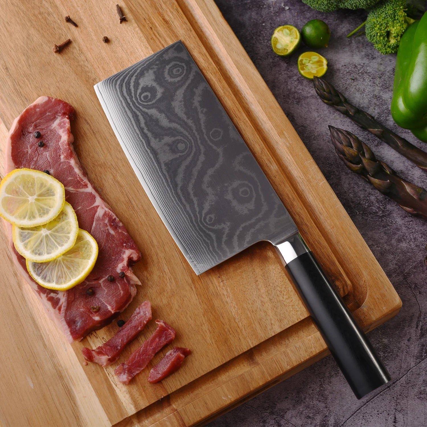 Stainless Steel Chef Damascus Cleaver Vegetable Knife with Plastic Handle & Cover, Multipurpose Use for Kitchen or Restaurant (12 Inch) - Springkart 