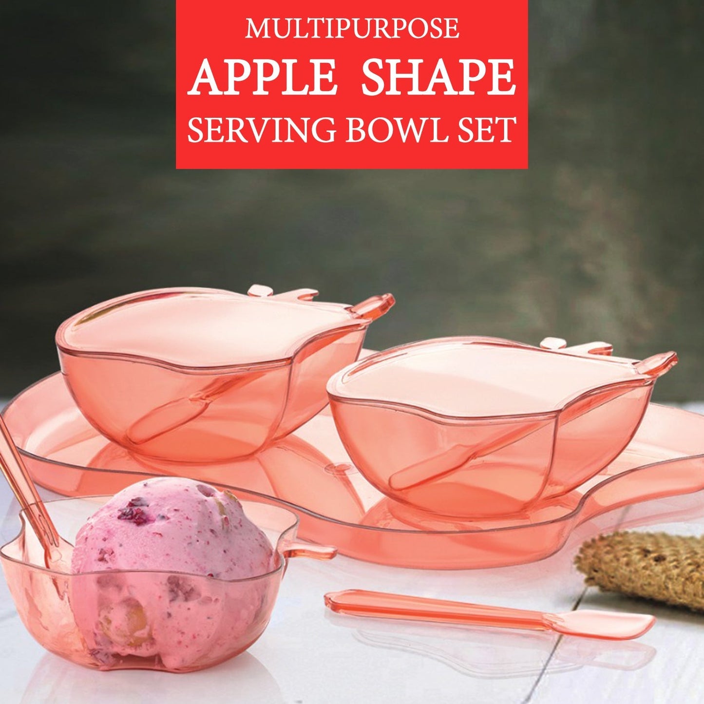 Apple Shape 2Piece Serving Set of Bowl with Spoon & Tray. Dinnerware Serving Snacks & Pickle - Springkart 