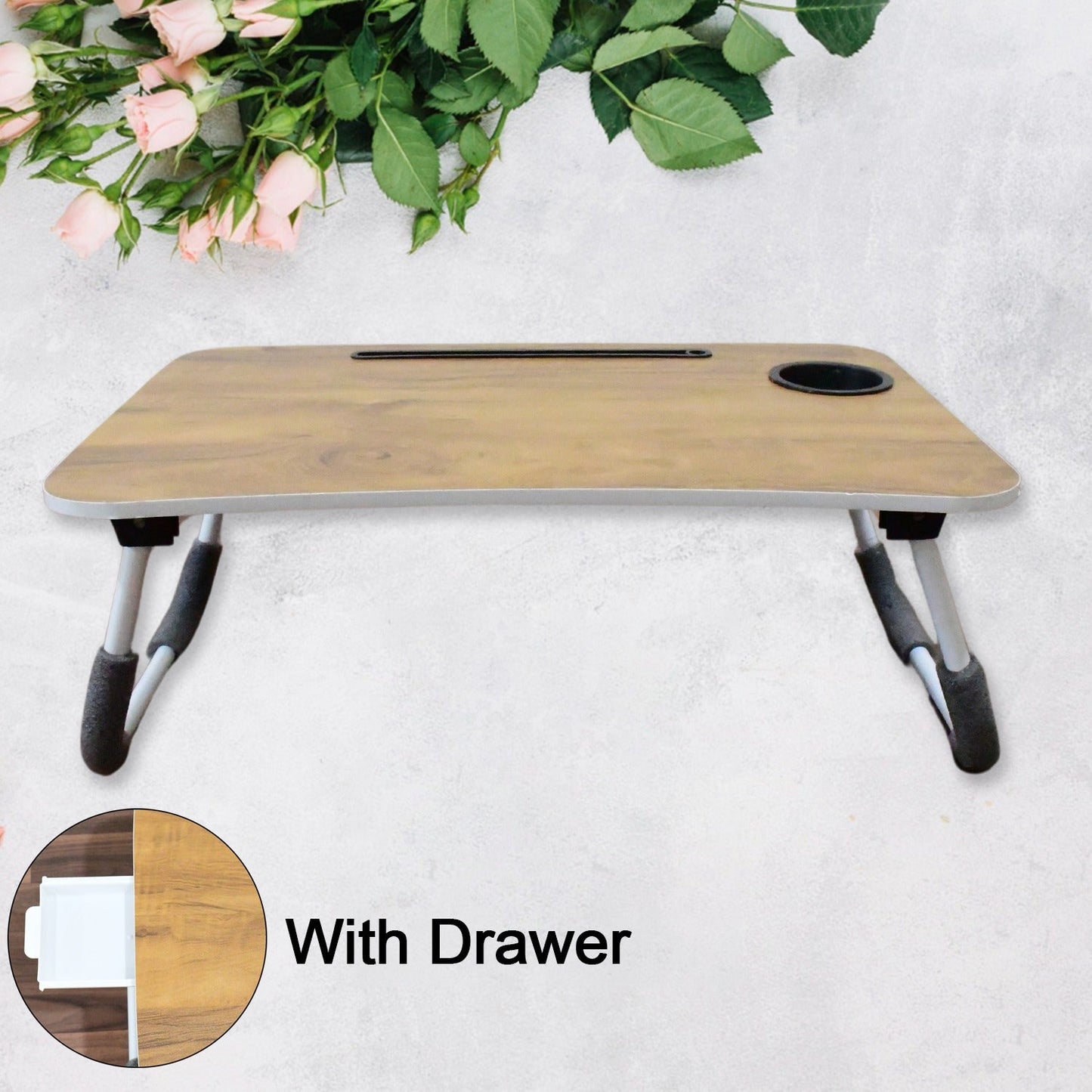 Multi-Purpose Laptop Desk for Study and Reading with Foldable, Cupholder & Drawer (1 Pc / Mix Plain Design / 58×38 Cm) - Springkart 