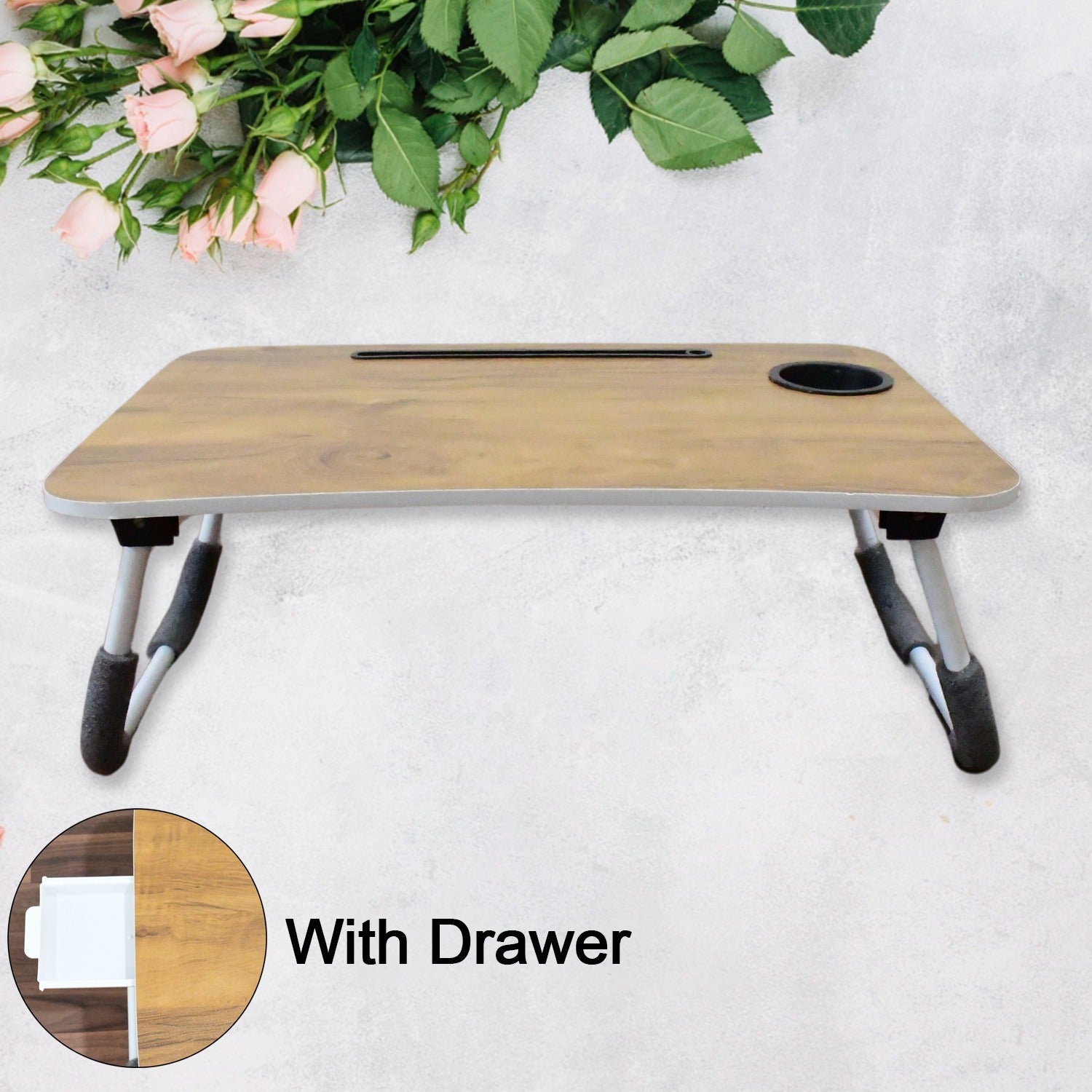 Multi-Purpose Laptop Desk for Study and Reading with Foldable, Cupholder & Drawer (1 Pc / Mix Plain Design / 58×38 Cm) - Springkart 