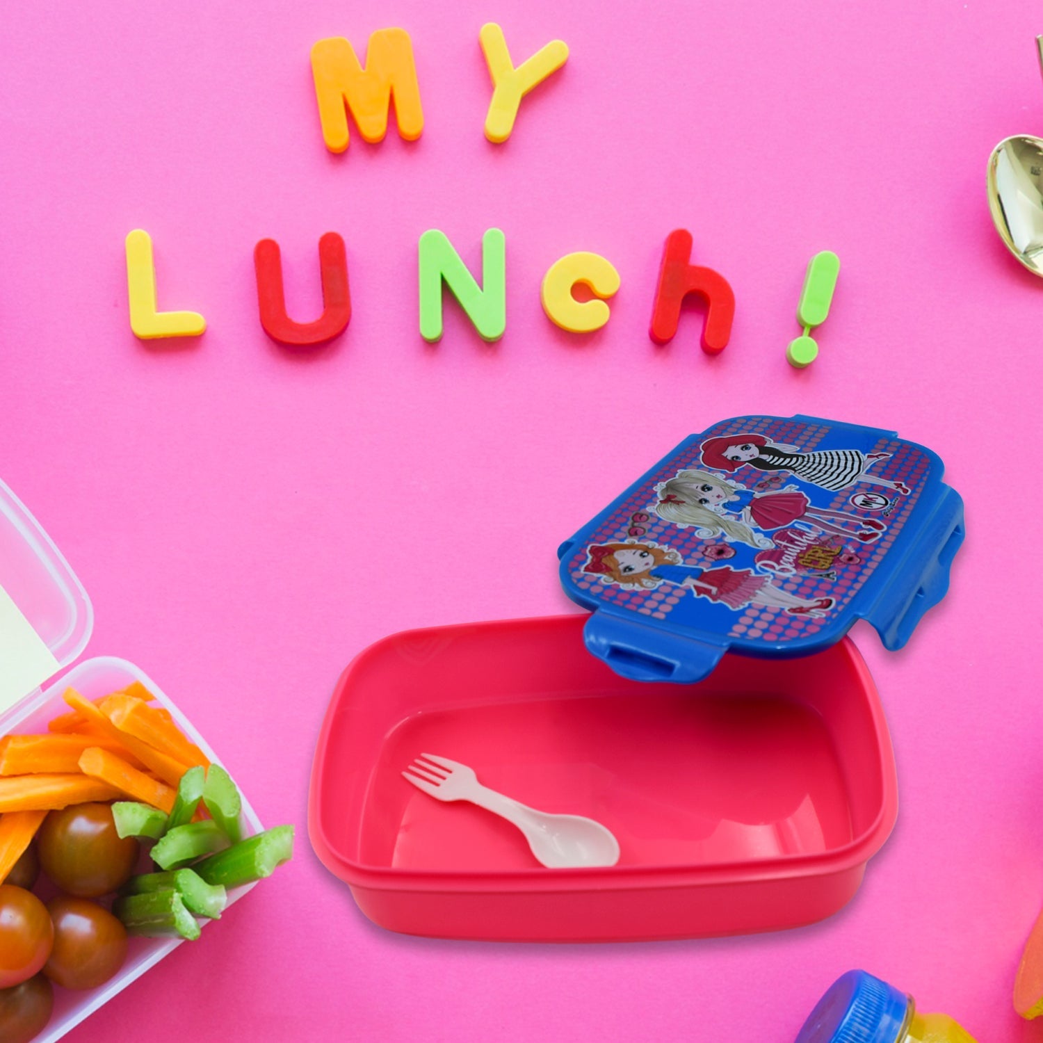 Cartoon Printed Plastic Lunch Box With Inside Small Box & Spoon for Kids, Air Tight Lunch Tiffin Box for Girls Boys, Food Container, Specially Designed for School Going Boys and Girls - Springkart 