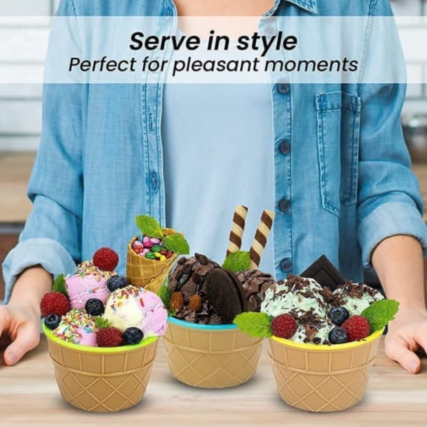 Ice-Cream Waffle Spoon Bowel Cup Set | Premium ice Cream Set | Ice-Cream Bowel with Spoon | 12 units Couple Bowl Set | Brown Box - Springkart 