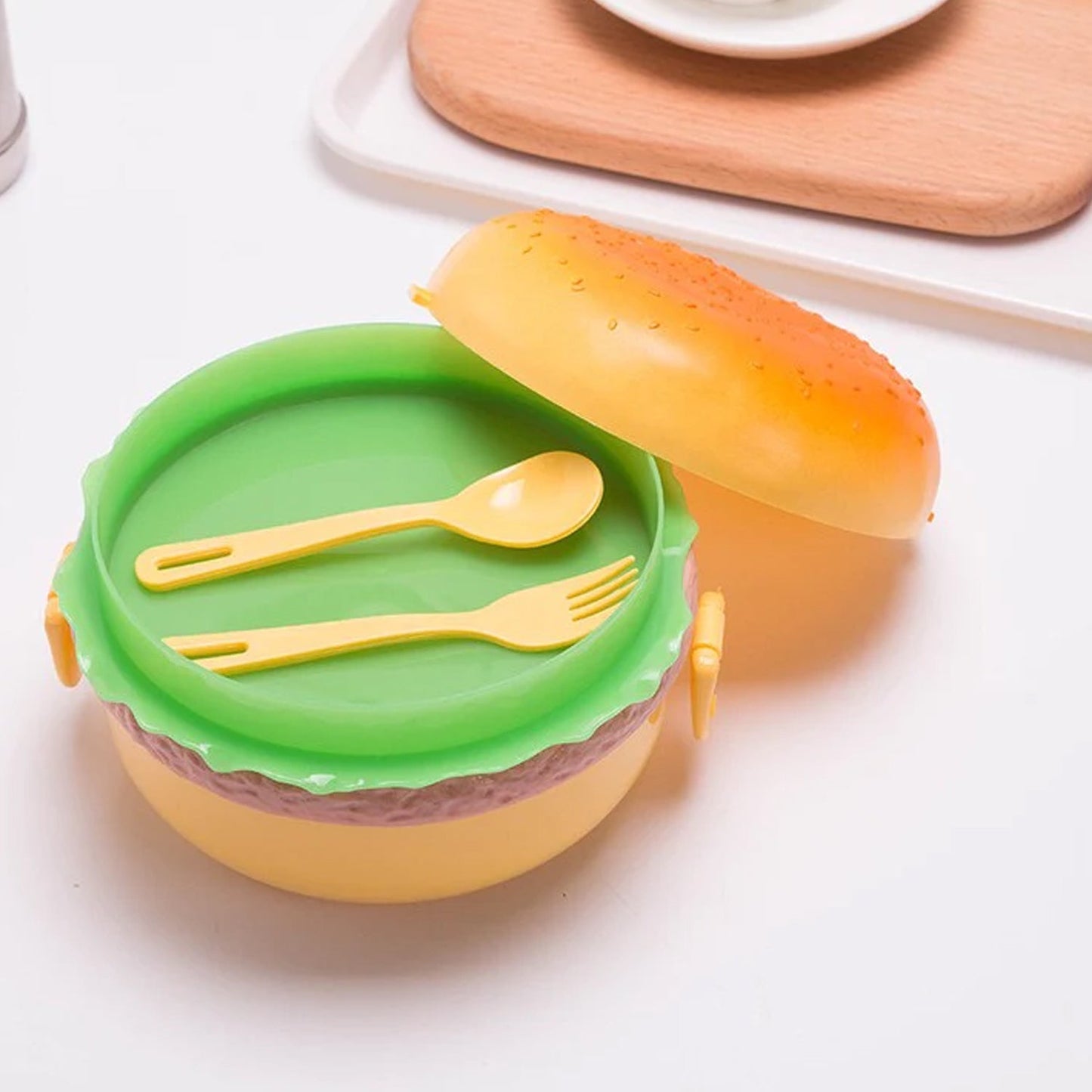 Burger Shape Lunch Box Plastic Lunch Box Food Container Sets Double Layer Lunchbox 1000ml With 2 Spoon Applicable to Kids and Elementary School Students