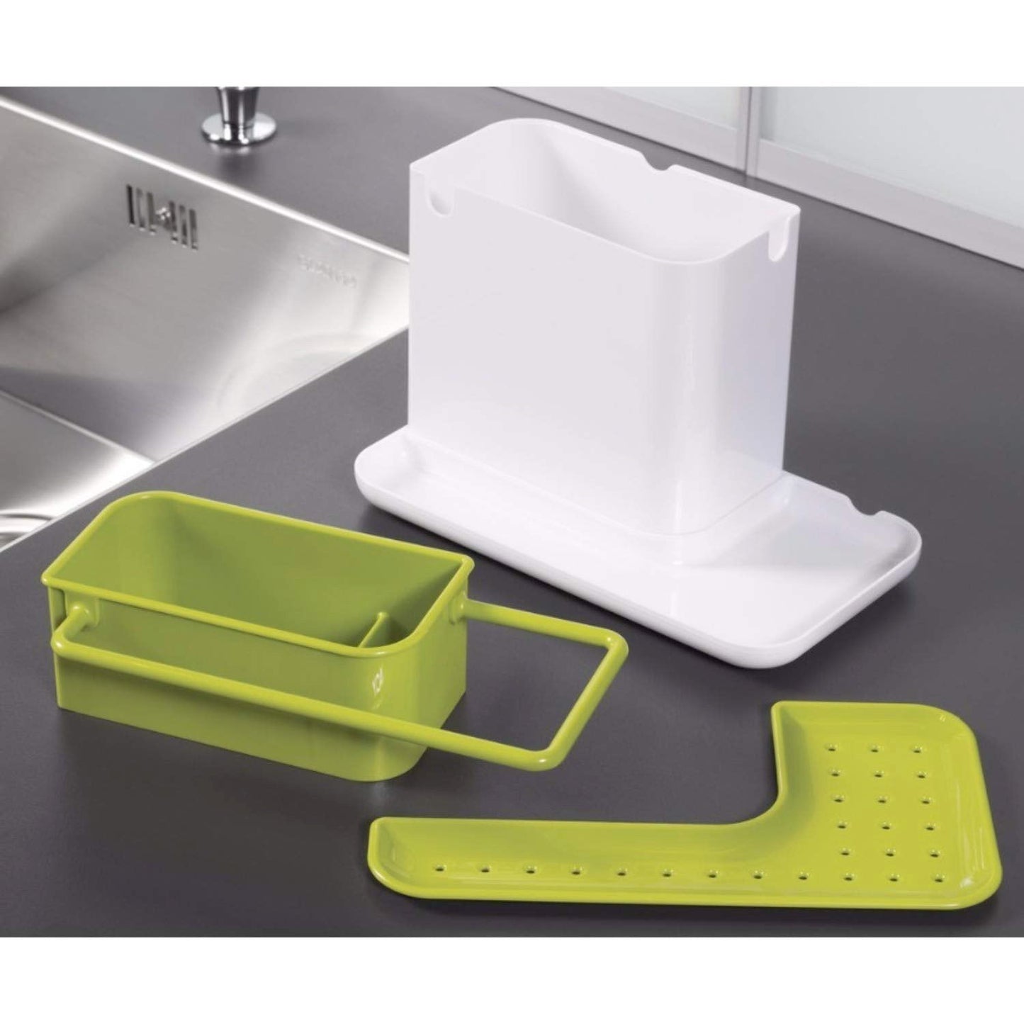 Kitchen sink organizer with liquid dispenser