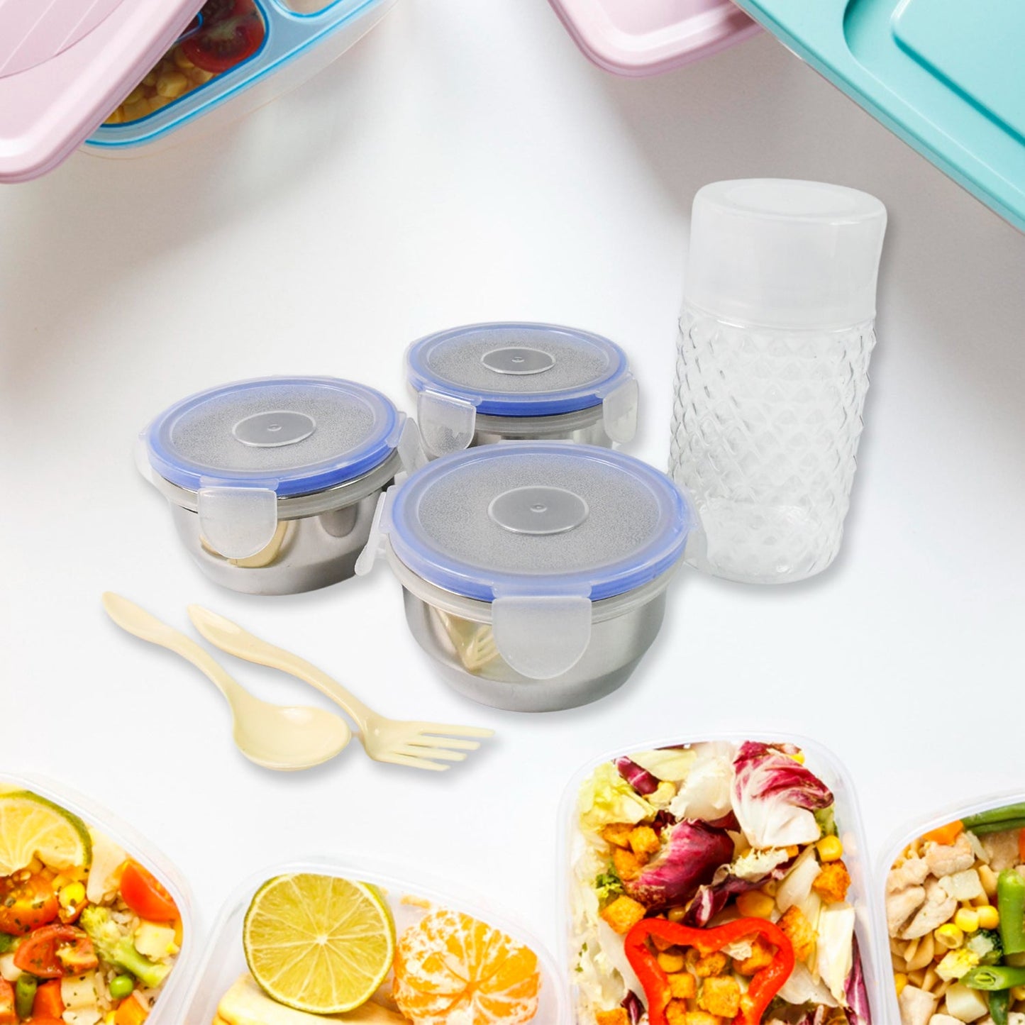 Compact Stainless Steel Airtight Lunch Box Set - 4 pcs (3 Leakproof Containers and 1 Bottle) - Springkart 